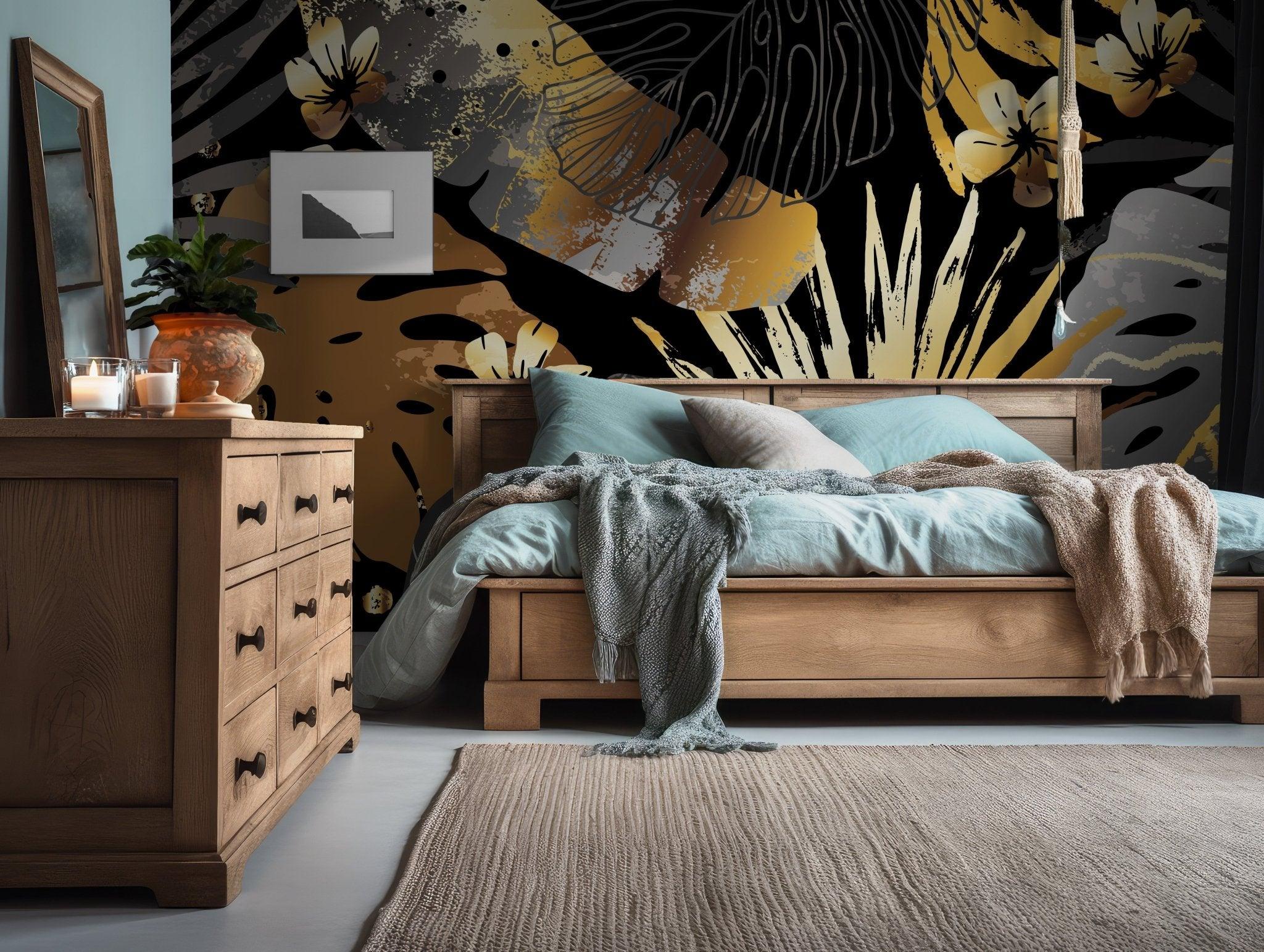 Golden Black Tropical Leaves Wallpaper - Peel and Stick Wall Mural - Modern Floral BV185