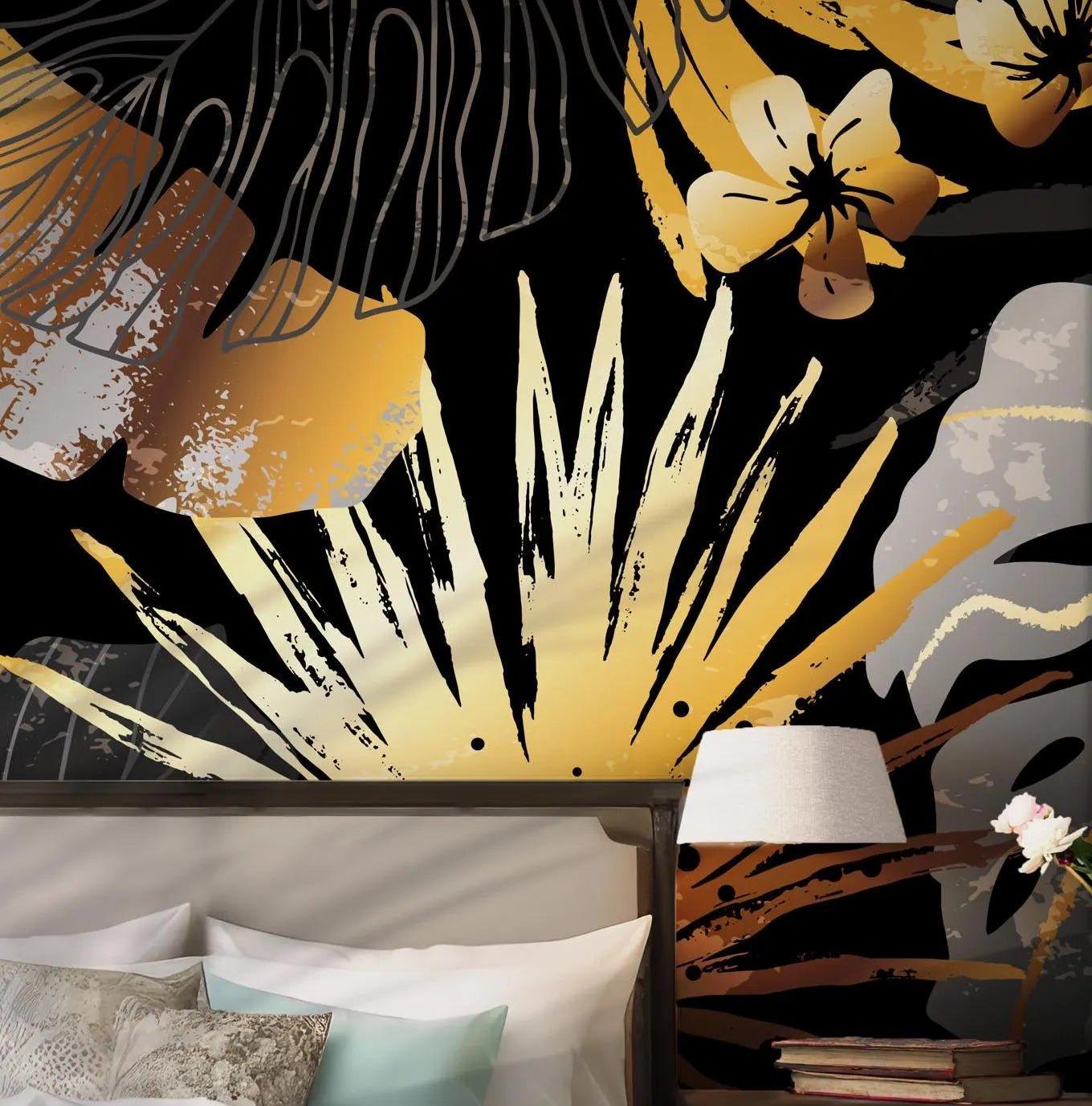 Golden Black Tropical Leaves Wallpaper - Peel and Stick Wall Mural - Modern Floral BV185