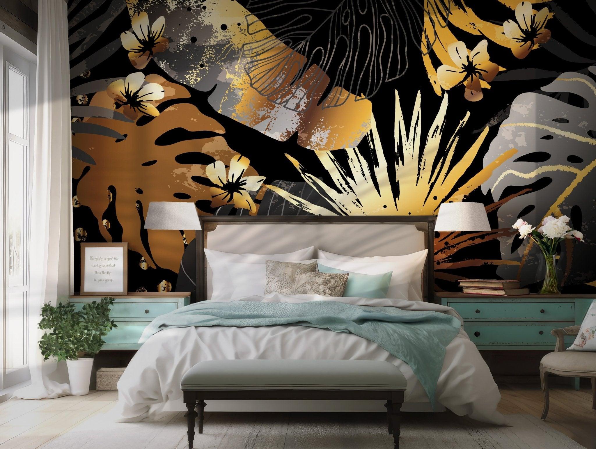 Golden Black Tropical Leaves Wallpaper - Peel and Stick Wall Mural - Modern Floral BV185