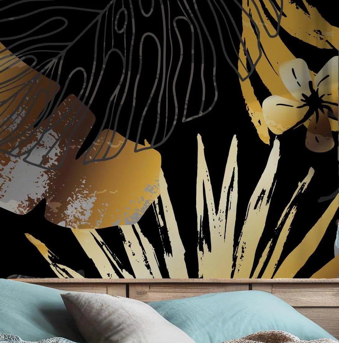 Golden Black Tropical Leaves Wallpaper - Peel and Stick Wall Mural - Modern Floral BV185