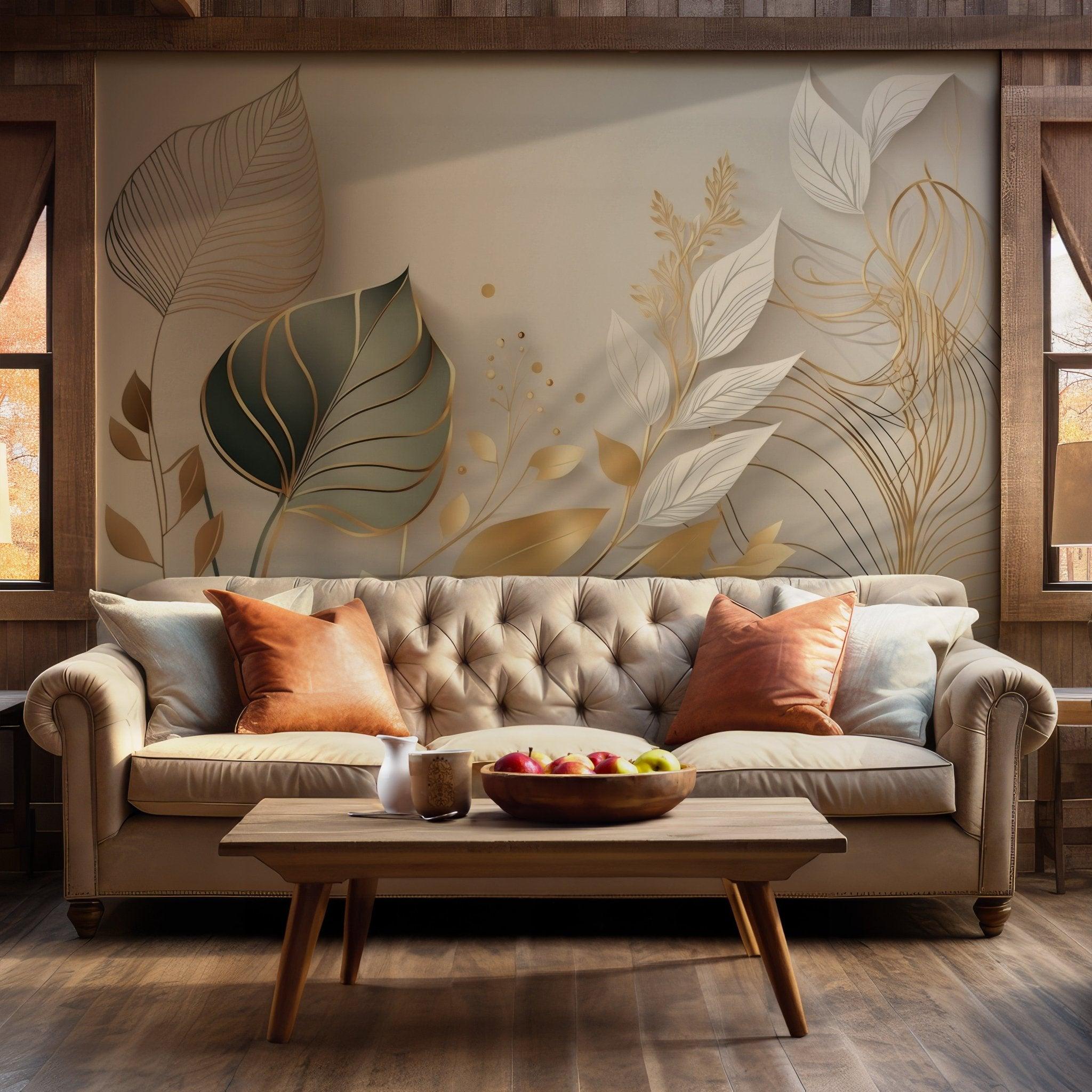 Golden Botanical Leaves Wallpaper - Self Adhesive Peel and Stick Wall Mural - Nature Golden BV181