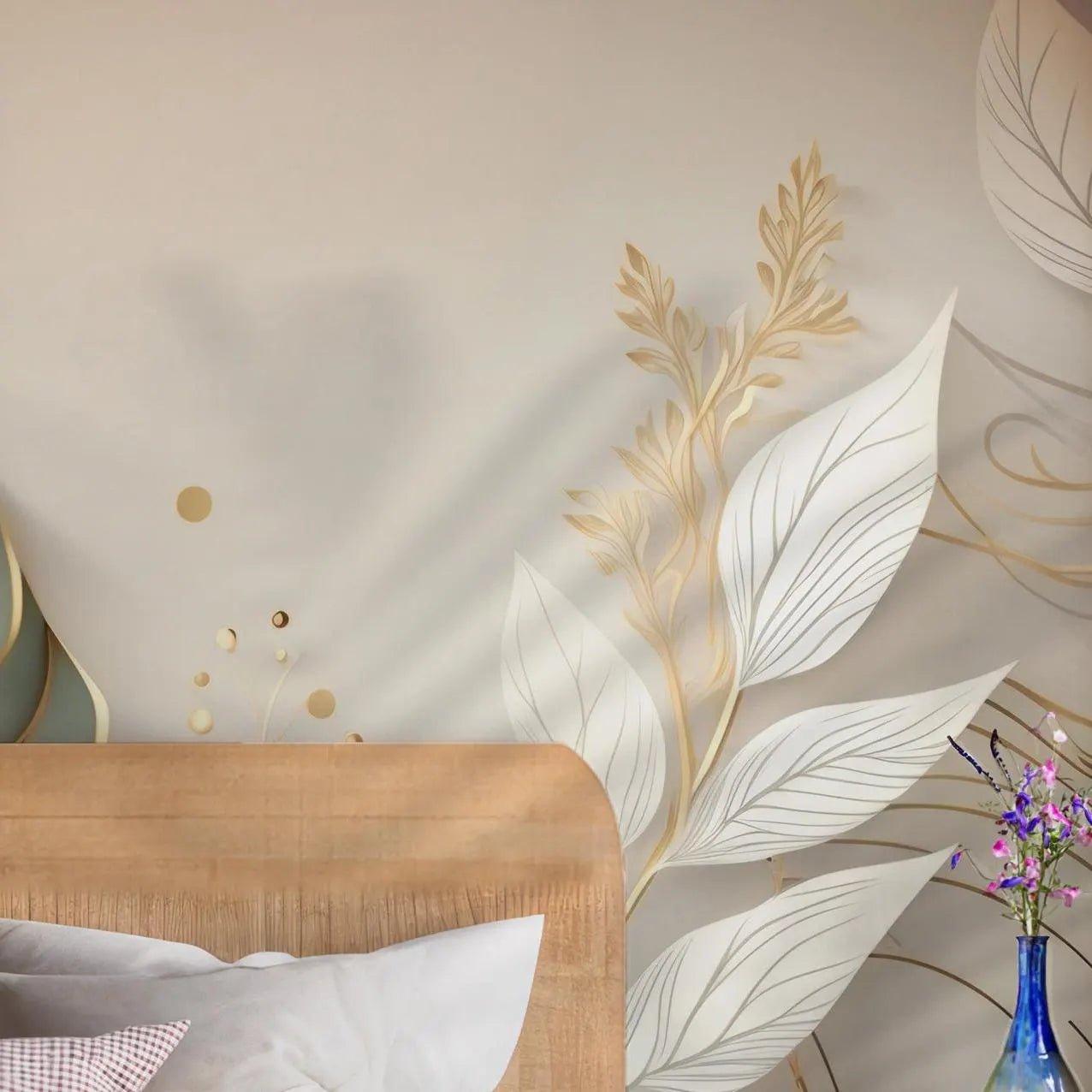 Golden Botanical Leaves Wallpaper - Self Adhesive Peel and Stick Wall Mural - Nature Golden BV181