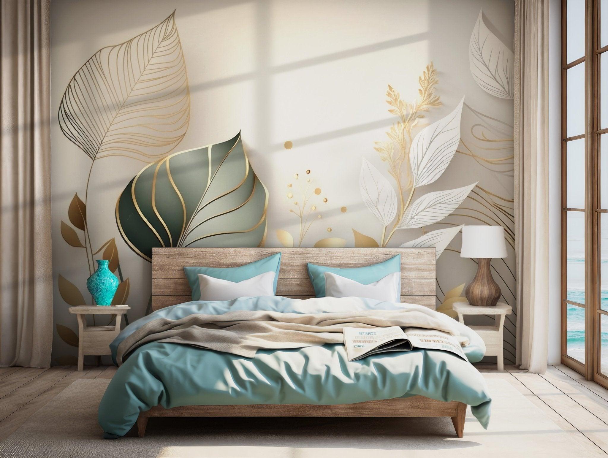 Golden Botanical Leaves Wallpaper - Self Adhesive Peel and Stick Wall Mural - Nature Golden BV181