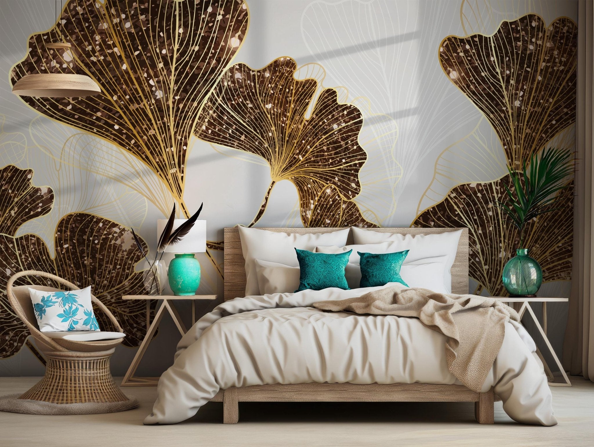 Modern botanical wallpaper featuring golden leaf patterns for sophisticated interiors