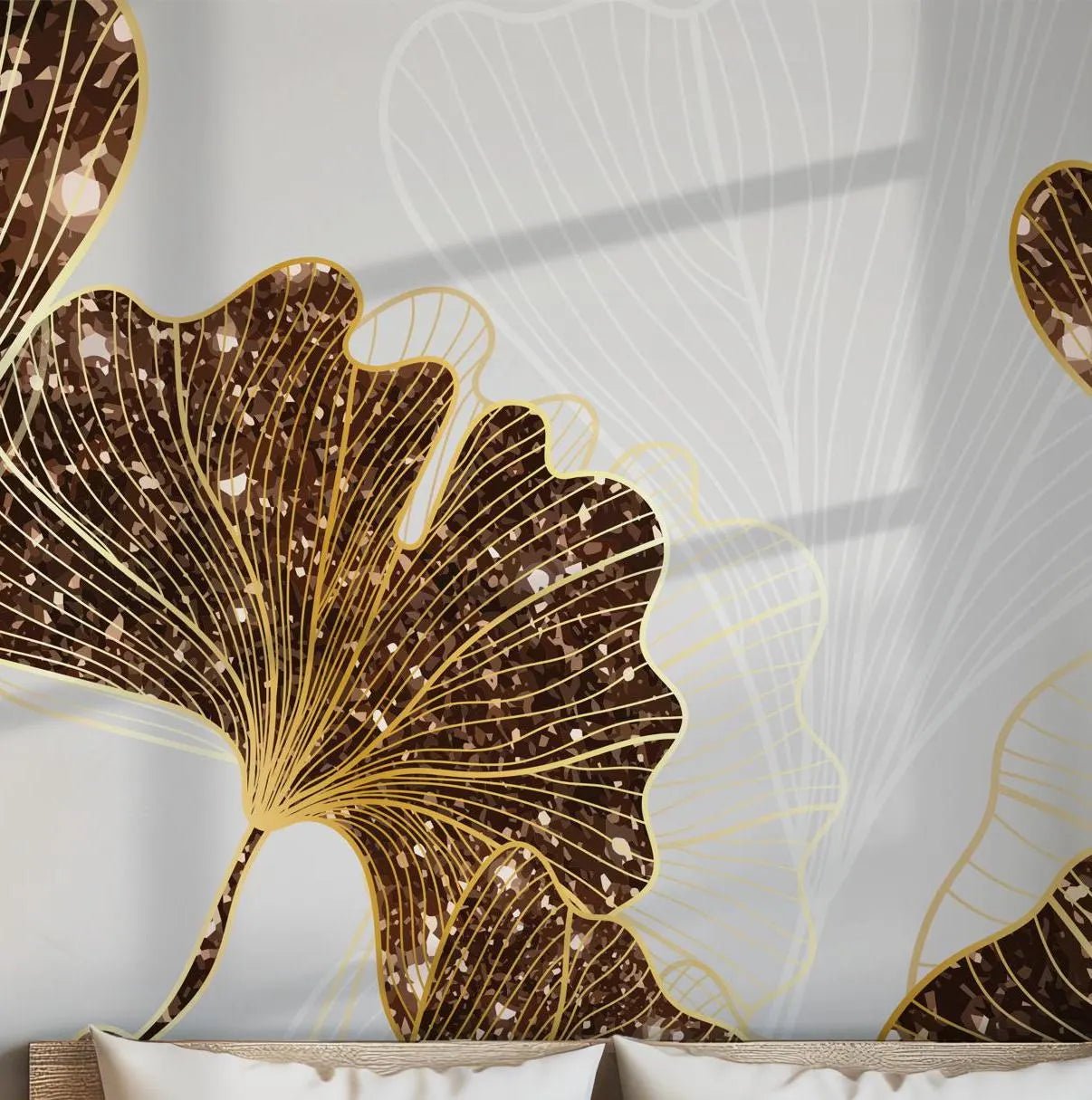 Golden Ginkgo Leaf Wallpaper - Peel and Stick Wall Mural - Elegant Botanical Metallic BV268