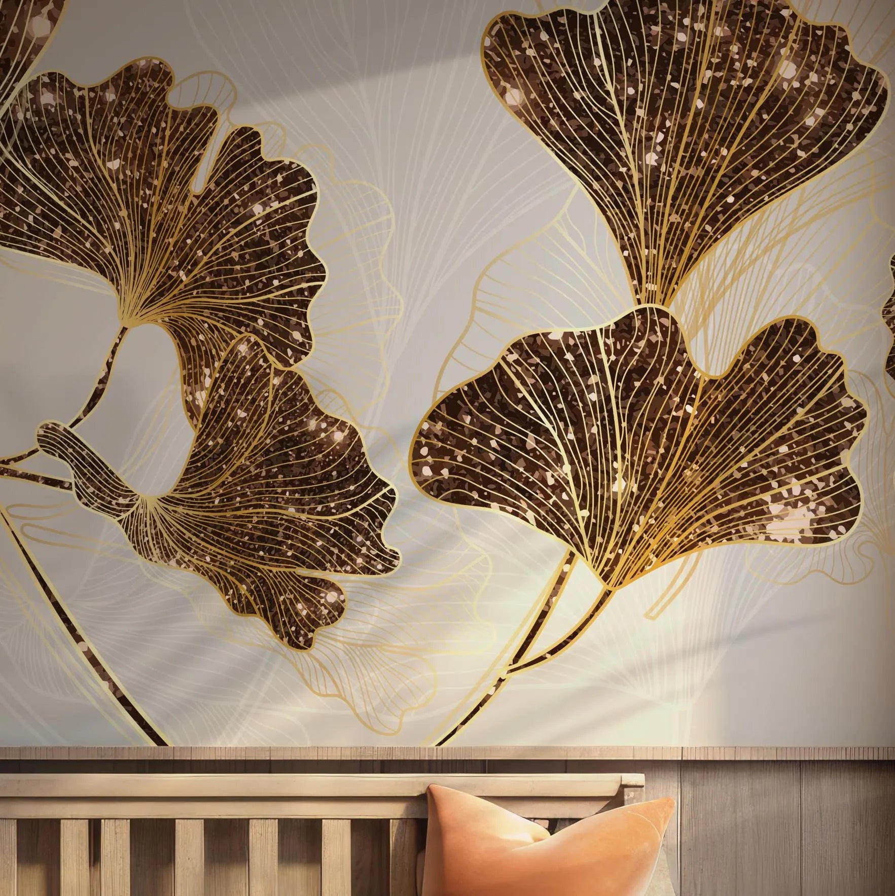 Golden Ginkgo Leaf Wallpaper - Peel and Stick Wall Mural - Elegant Botanical Metallic BV268