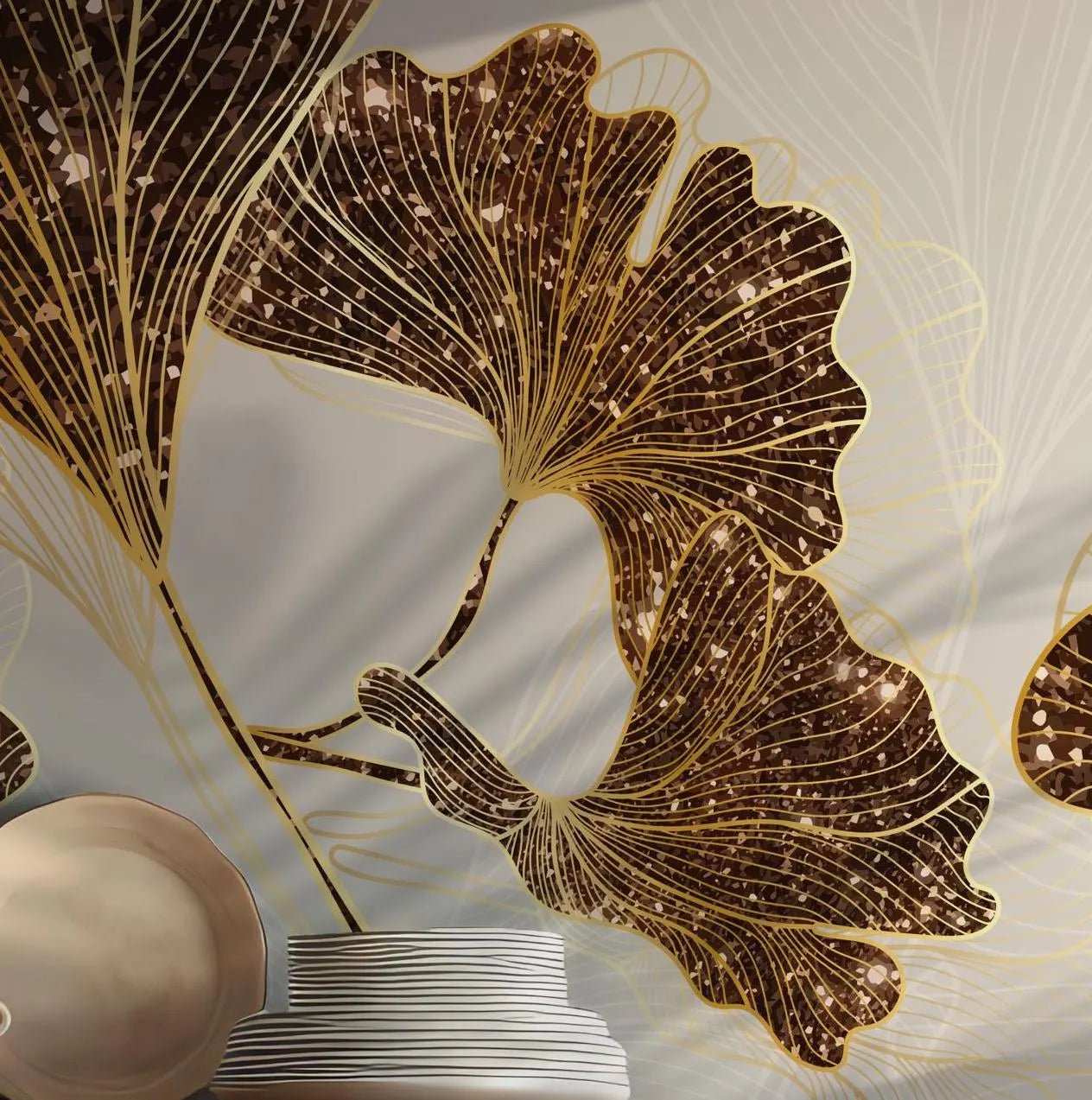 Golden Ginkgo Leaf Wallpaper - Peel and Stick Wall Mural - Elegant Botanical Metallic BV268