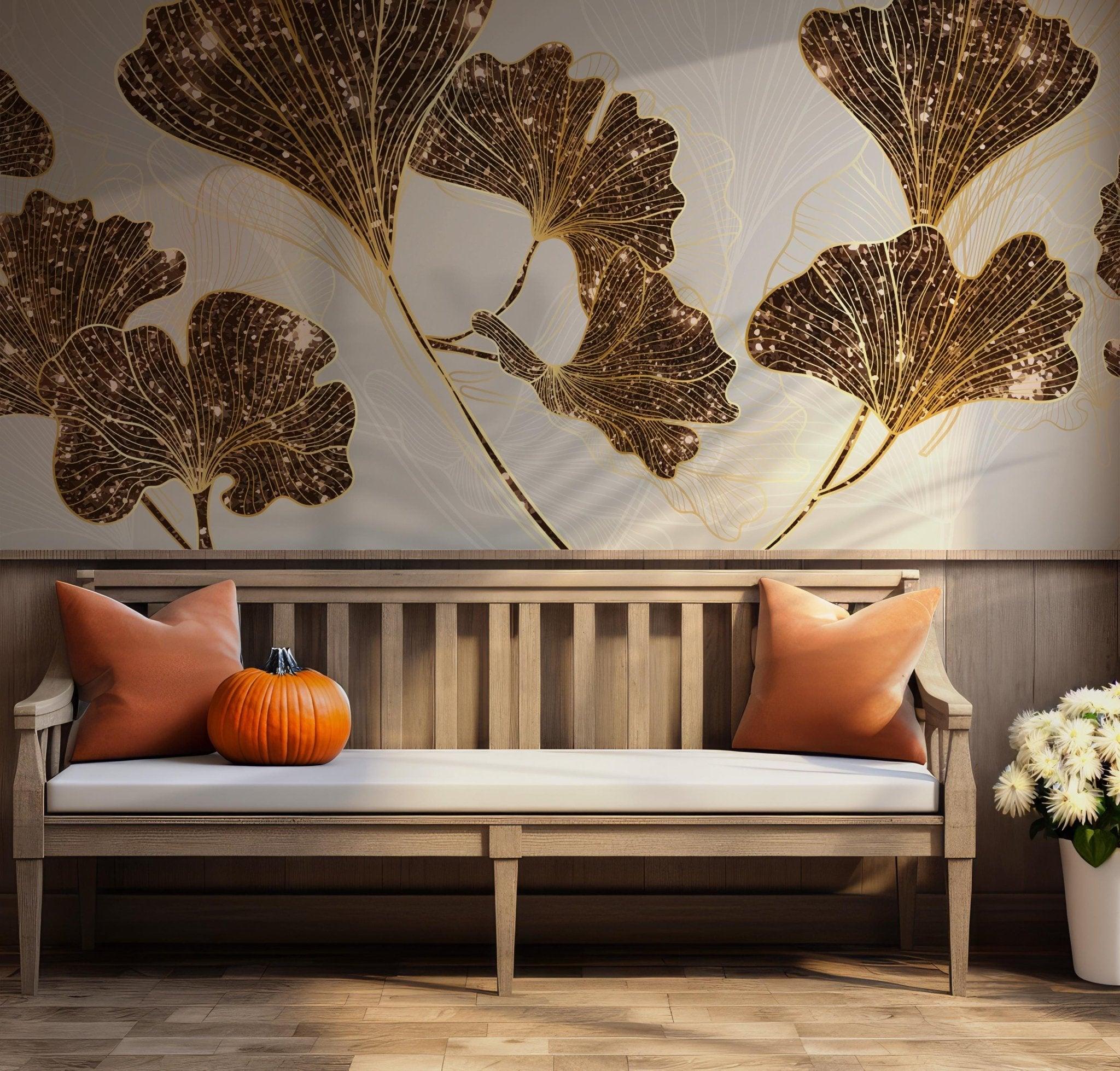 Stylish metallic ginkgo wallpaper perfect for dining room and living space decor