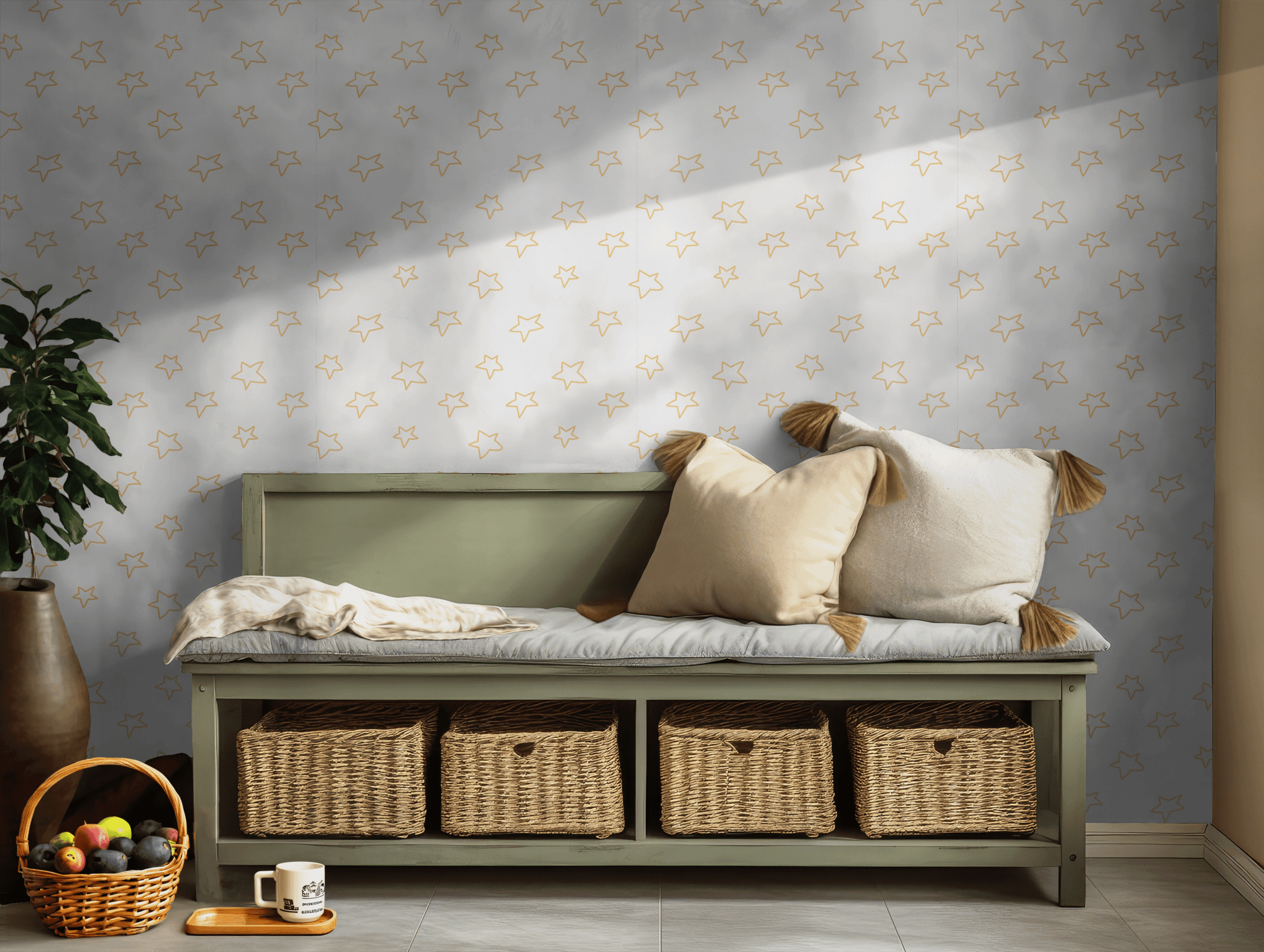 Golden Star Outline Wallpaper - Self Adhesive Peel and Stick - Playful Celestial Astronomy Nursery BV305