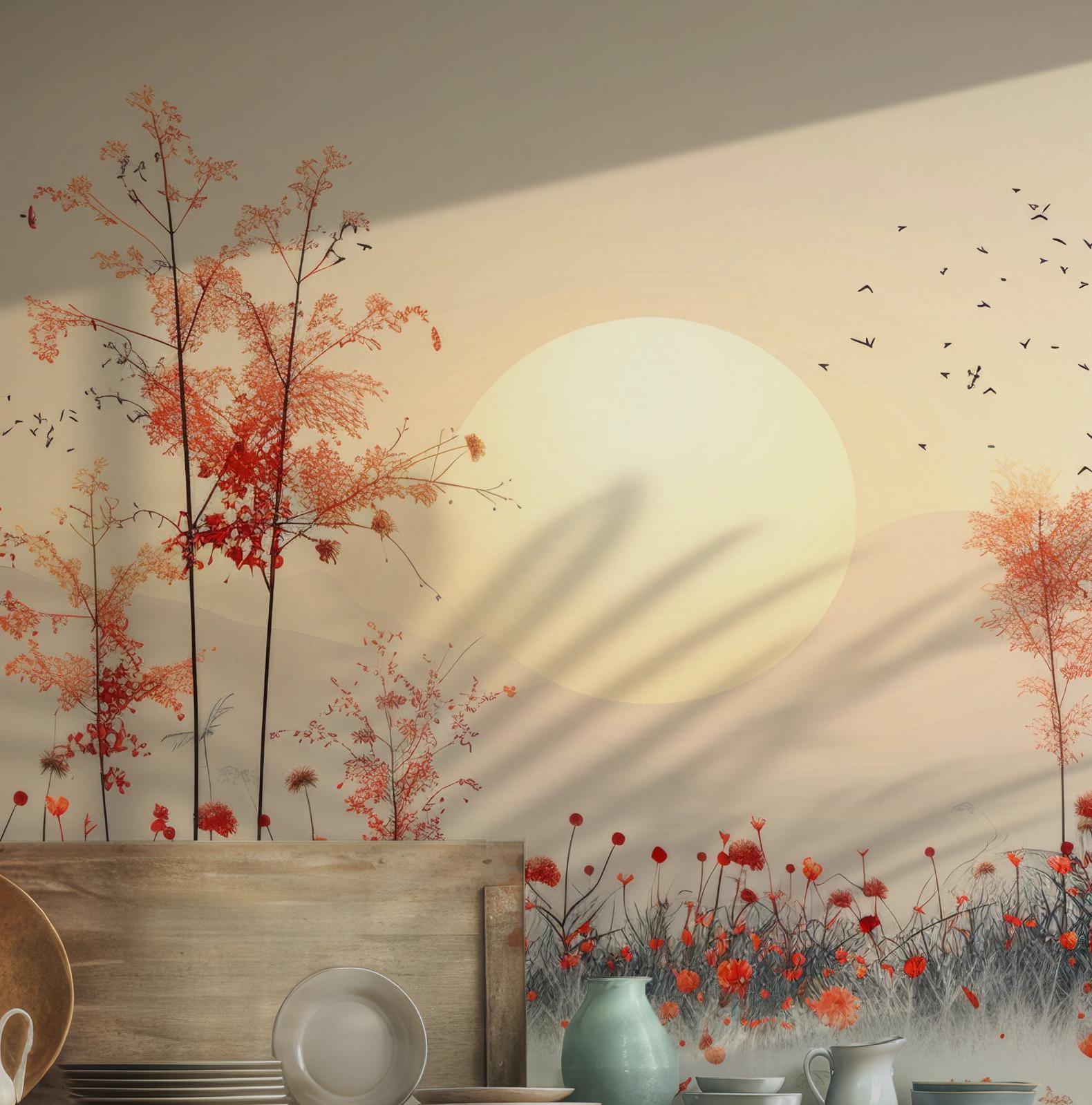 Golden Sunset Forest Peel and Stick Mural - Autumn Trees Wall Decor BV142