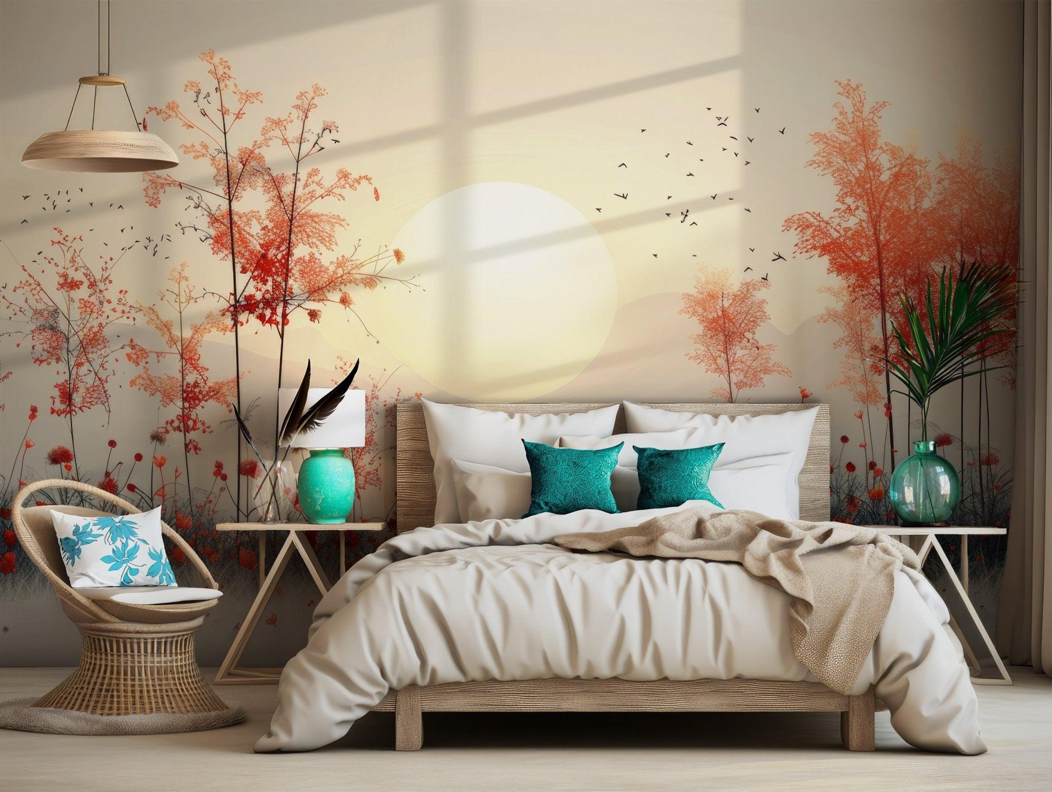 Golden Sunset Forest Peel and Stick Mural - Autumn Trees Wall Decor BV142