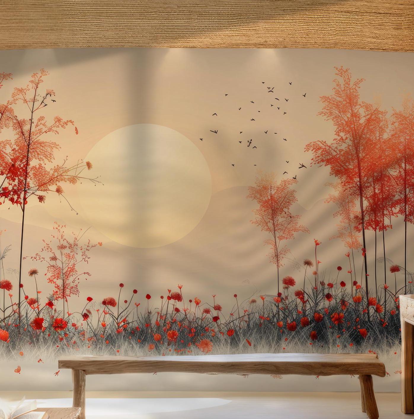 Golden Sunset Forest Peel and Stick Mural - Autumn Trees Wall Decor BV142
