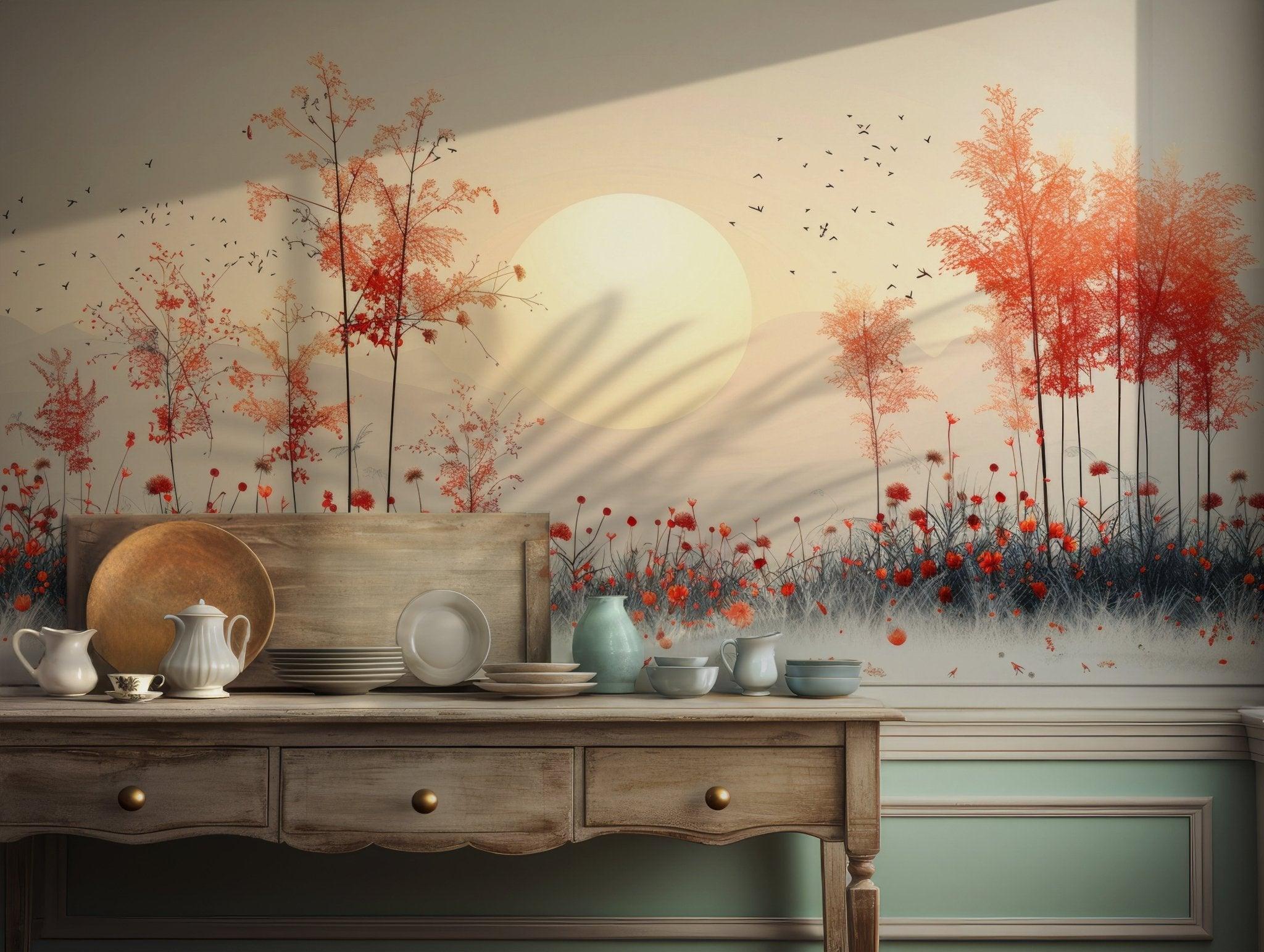 Golden Sunset Forest Peel and Stick Mural - Autumn Trees Wall Decor BV142