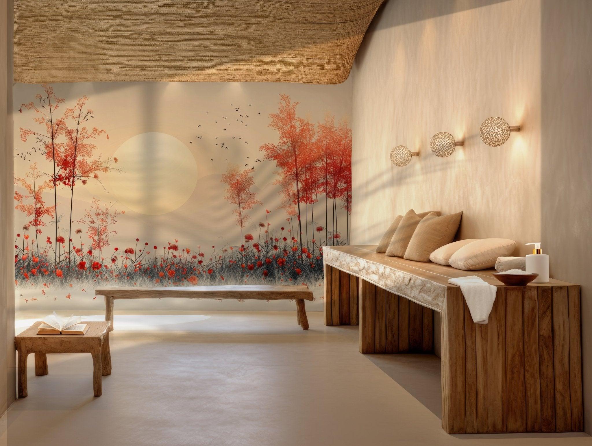Golden Sunset Forest Peel and Stick Mural - Autumn Trees Wall Decor BV142