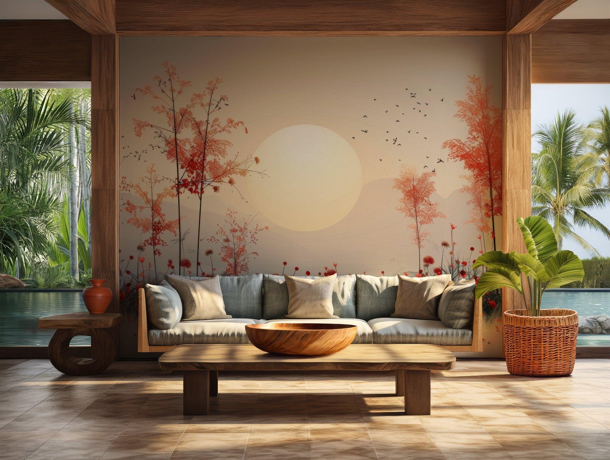 Golden Sunset Forest Peel and Stick Mural - Autumn Trees Wall Decor BV142