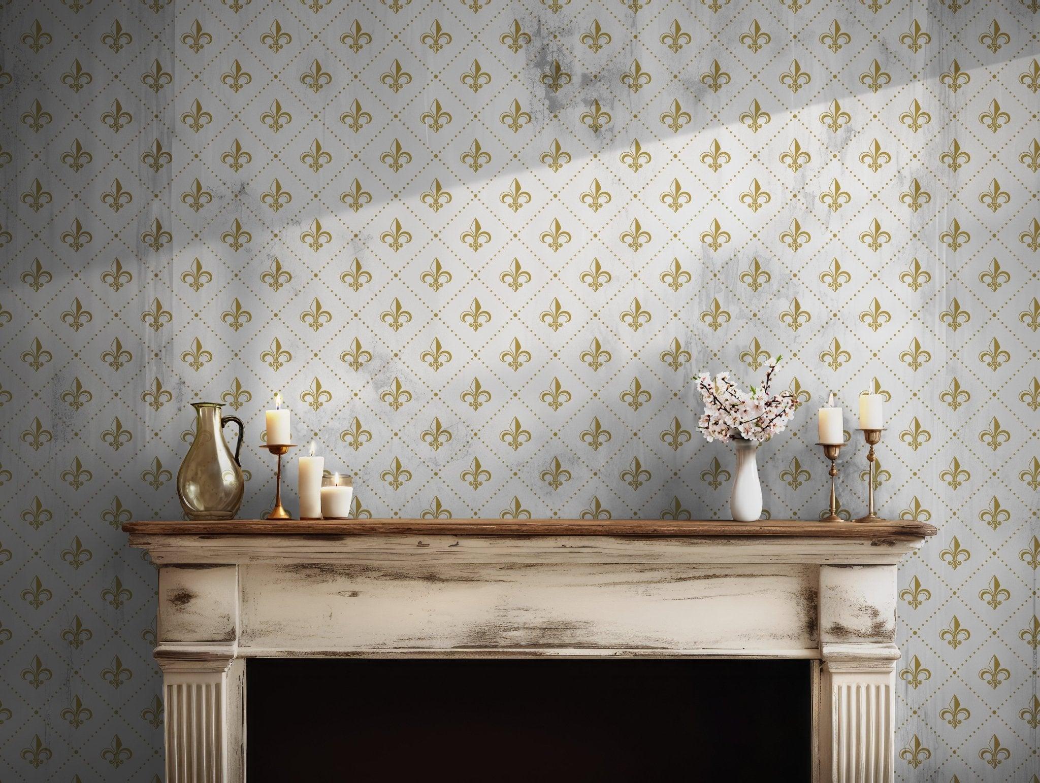 Gothic Wallpaper - Fleur De Lys Yellow And White - Self Adhesive Peel and Stick French BV130