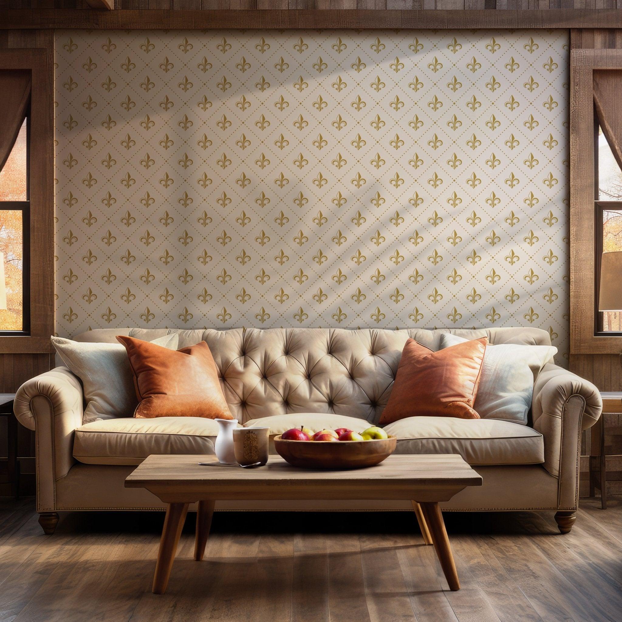 Gothic Wallpaper - Fleur De Lys Yellow And White - Self Adhesive Peel and Stick French BV130