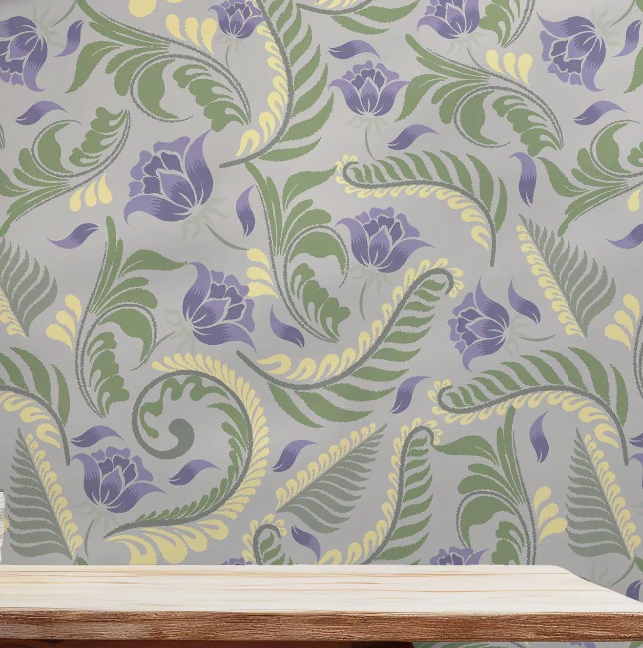 Gray Vintage Floral Wallpaper - Peel and Stick Wallpaper - Swirls and Ferns Botanical Leaf and Petal BV298