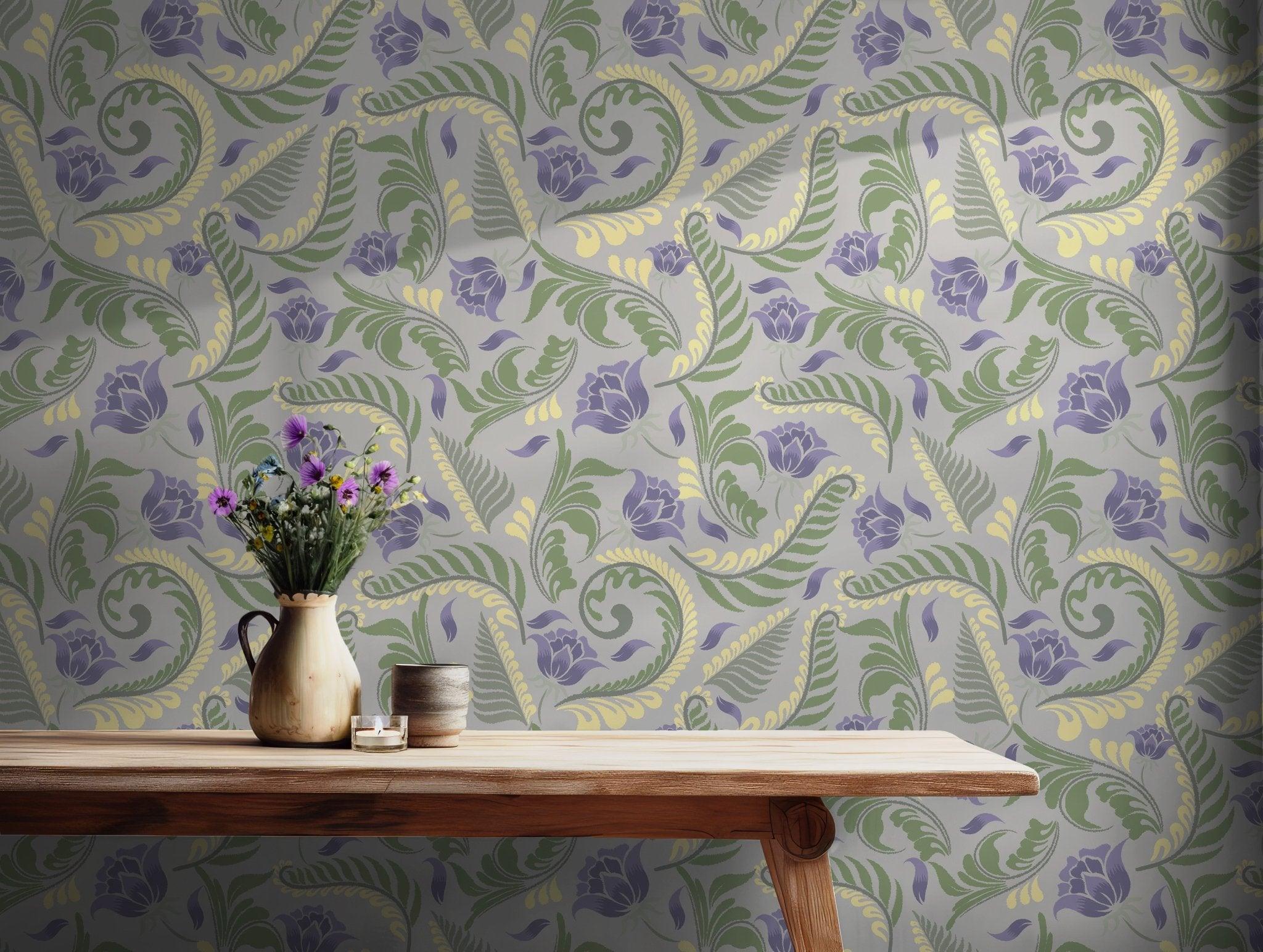 Gray Vintage Floral Wallpaper - Peel and Stick Wallpaper - Swirls and Ferns Botanical Leaf and Petal BV298