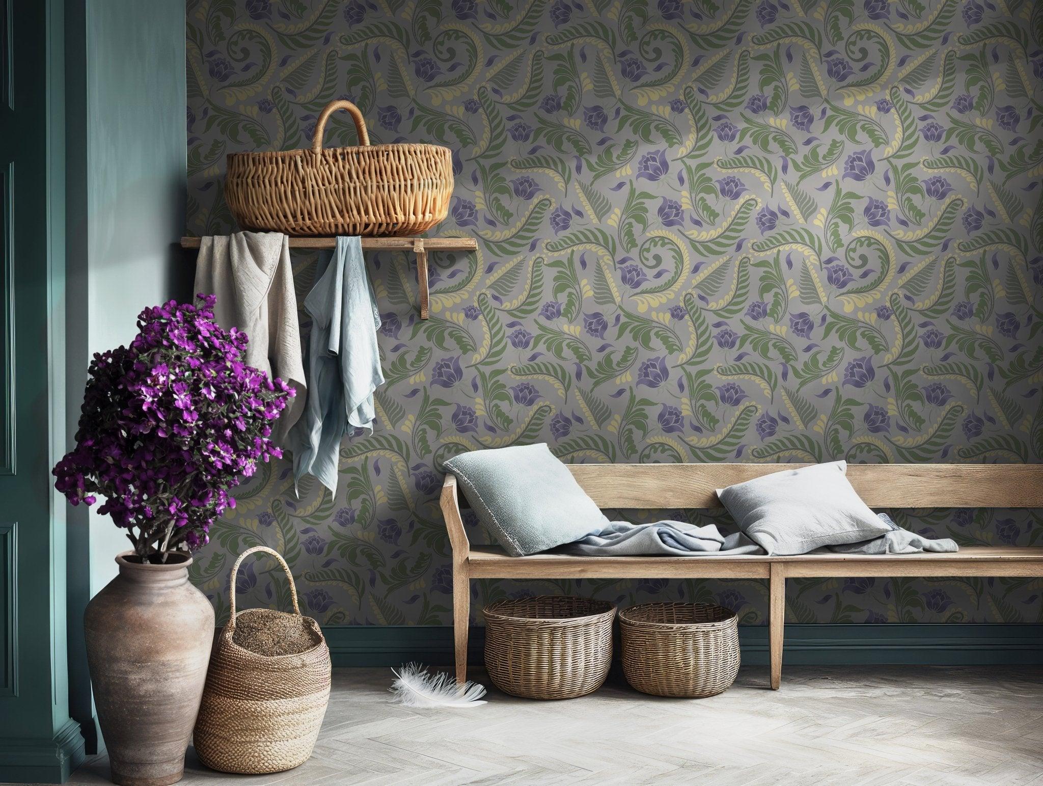 Gray Vintage Floral Wallpaper - Peel and Stick Wallpaper - Swirls and Ferns Botanical Leaf and Petal BV298