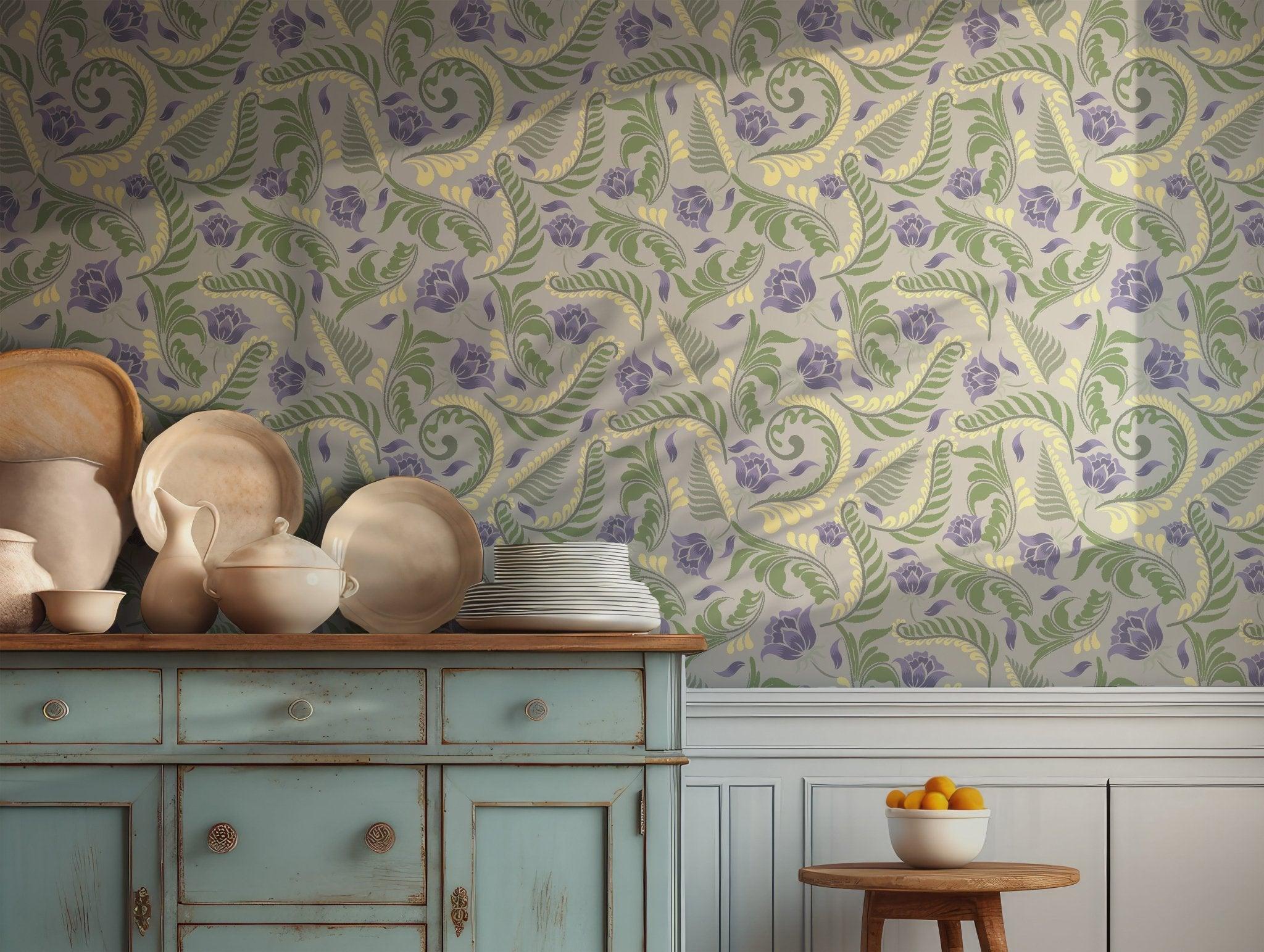 Gray Vintage Floral Wallpaper - Peel and Stick Wallpaper - Swirls and Ferns Botanical Leaf and Petal BV298