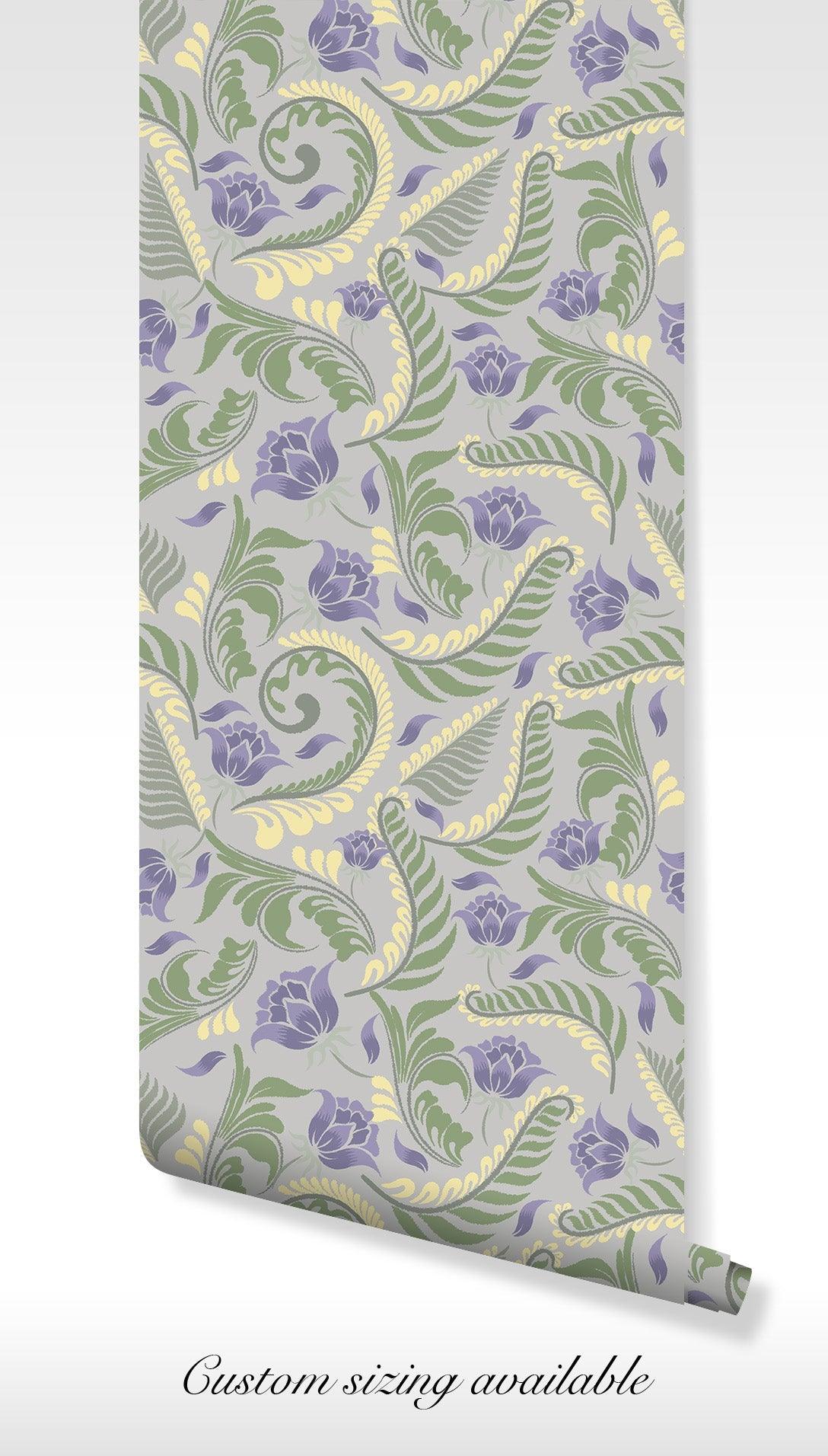 Gray Vintage Floral Wallpaper - Peel and Stick Wallpaper - Swirls and Ferns Botanical Leaf and Petal BV298