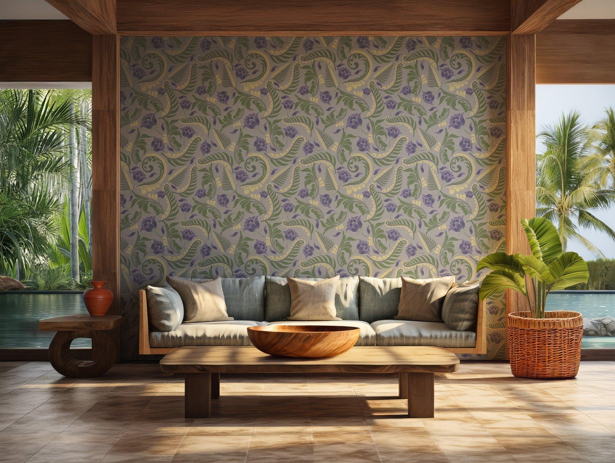 Gray Vintage Floral Wallpaper - Peel and Stick Wallpaper - Swirls and Ferns Botanical Leaf and Petal BV298