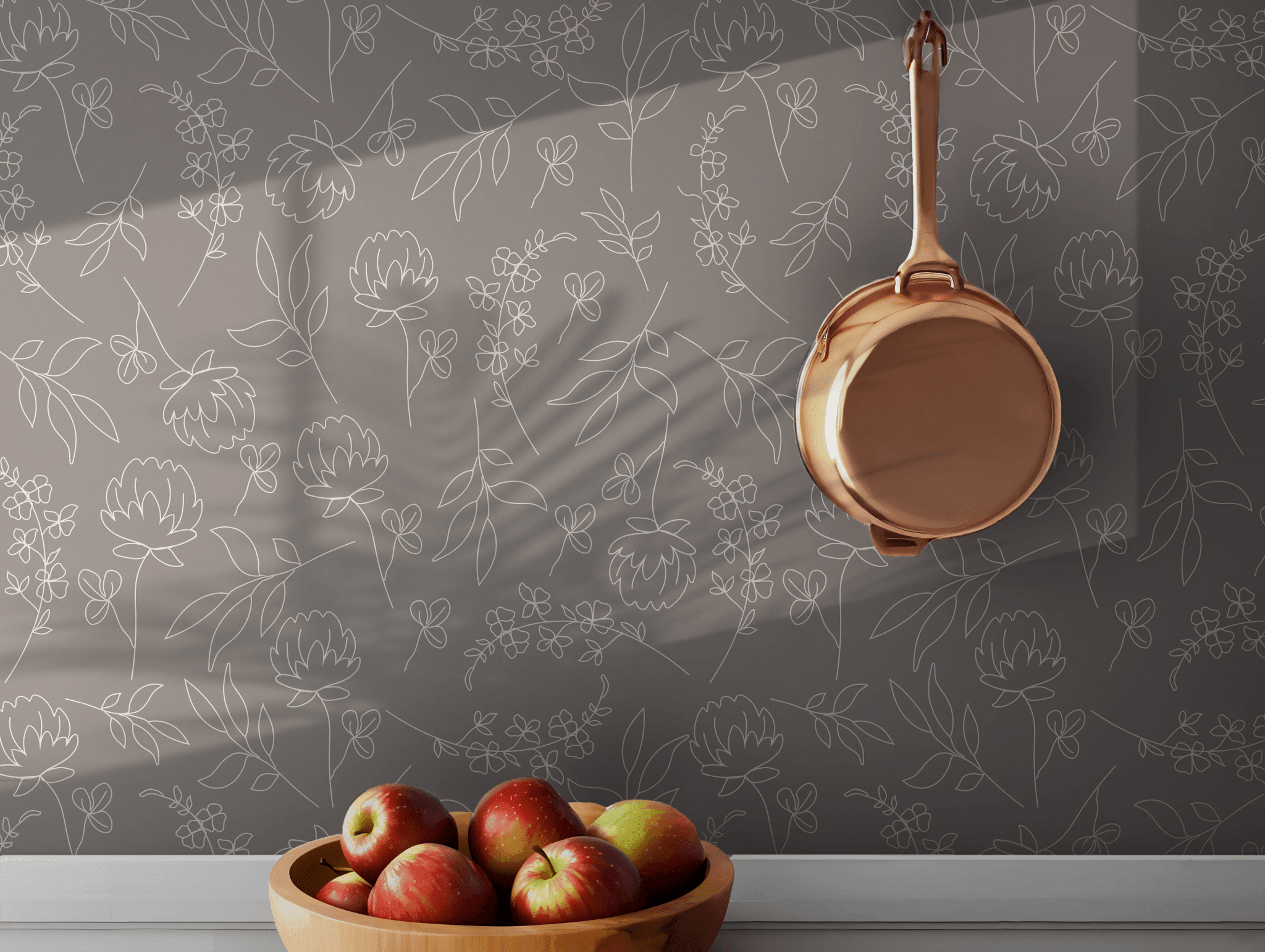 Gray White Floral Line Art Wallpaper - Self Adhesive Peel and Stick - Botanical Flower BV330
