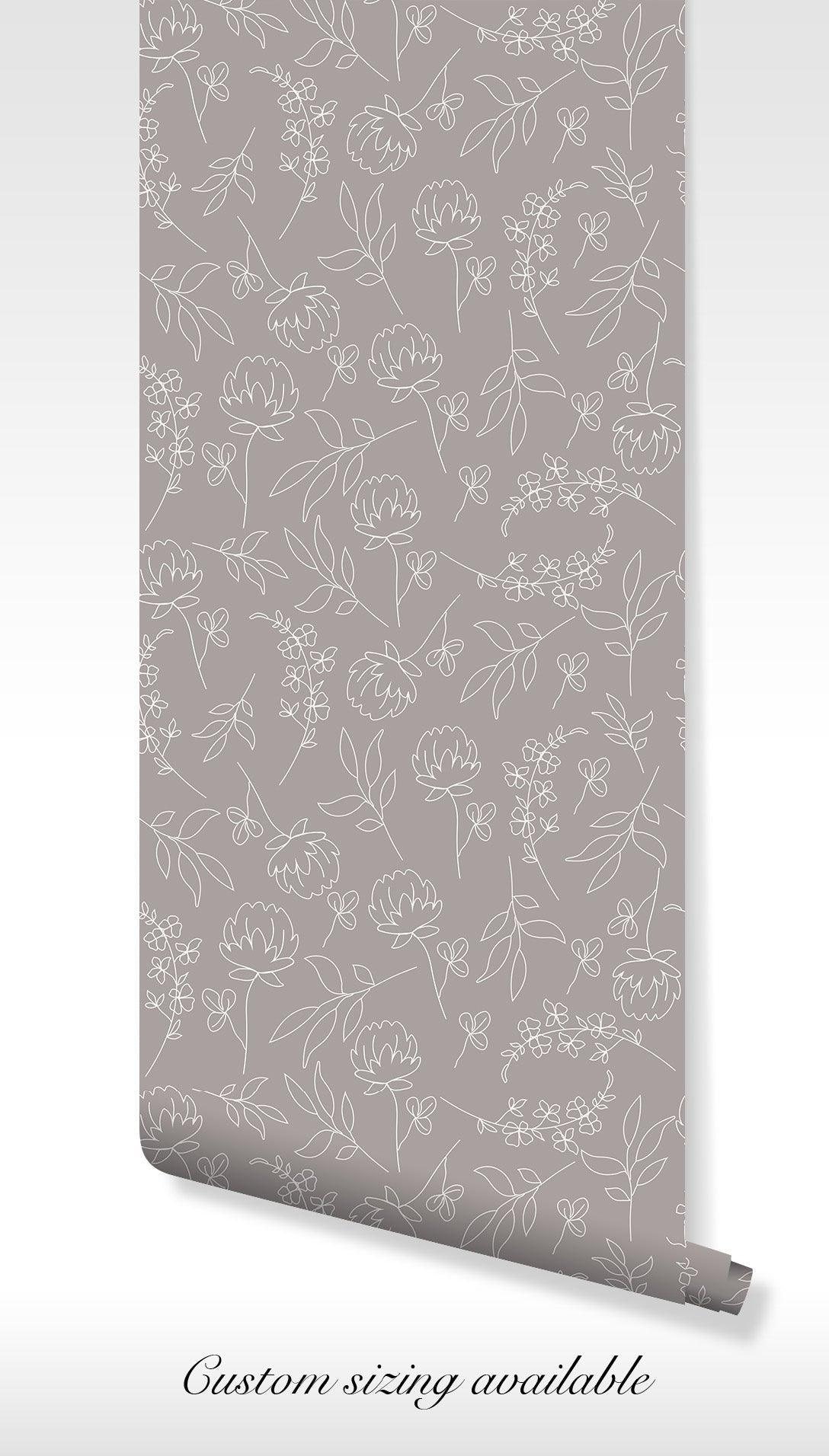 Gray White Floral Line Art Wallpaper - Self Adhesive Peel and Stick - Botanical Flower BV330