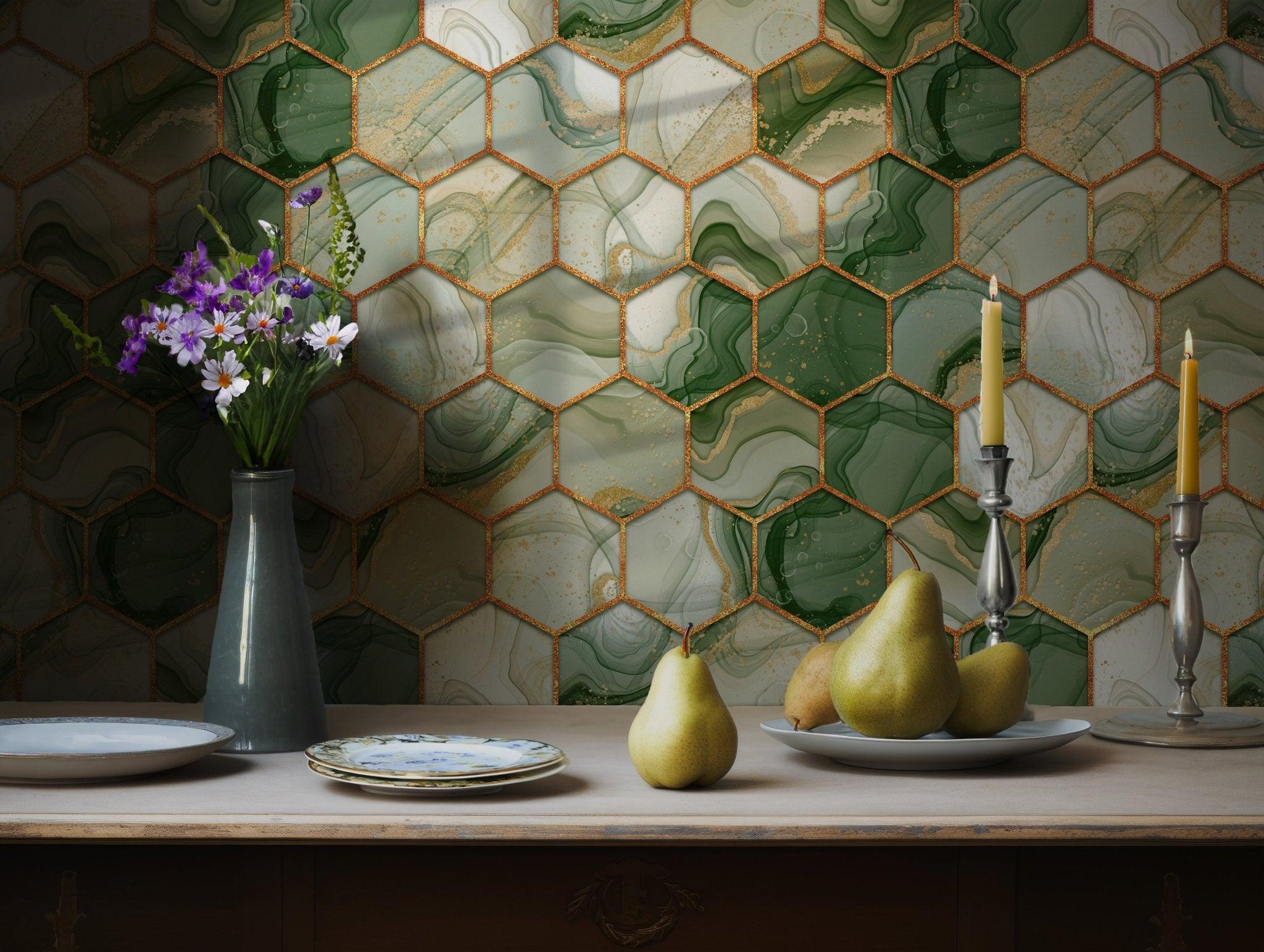 Green and Gold Geometric Hexagons Wallpaper - Peel and Stick Marble Luxury BV131