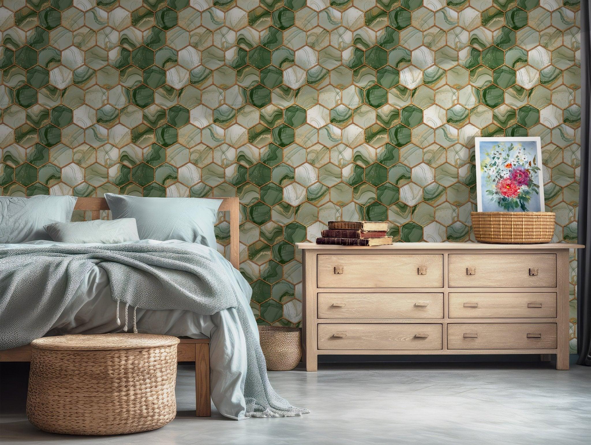 Green and Gold Geometric Hexagons Wallpaper - Peel and Stick Marble Luxury BV131