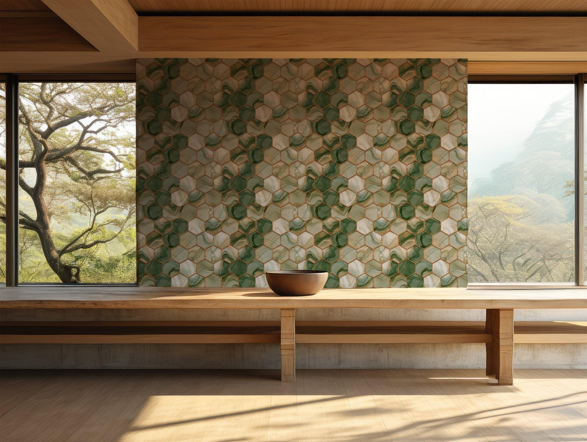 Green and Gold Geometric Hexagons Wallpaper - Peel and Stick Marble Luxury BV131