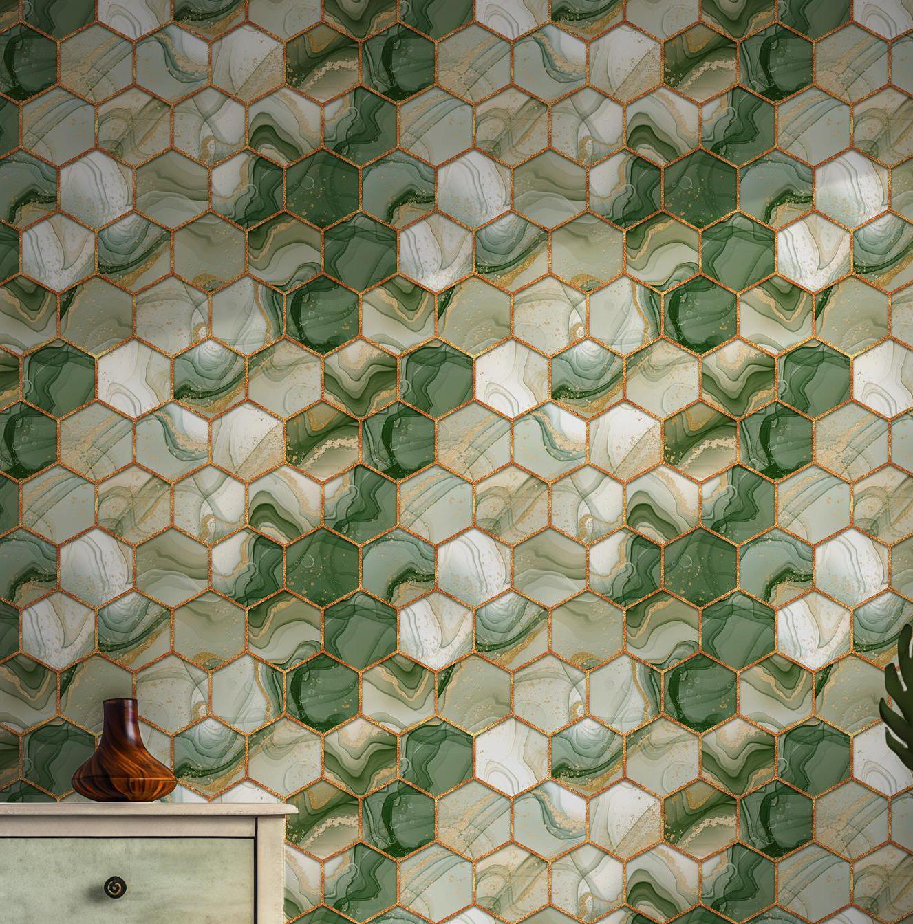 Green and Gold Geometric Hexagons Wallpaper - Peel and Stick Marble Luxury BV131