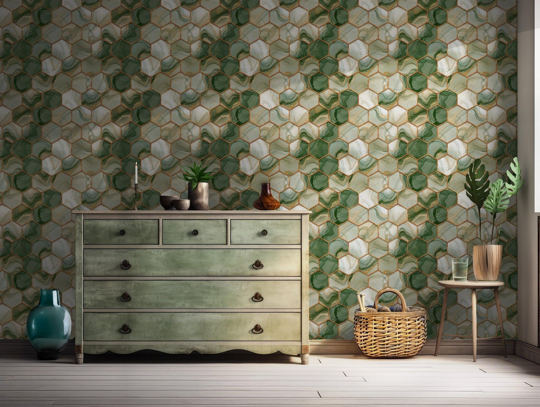 Green and Gold Geometric Hexagons Wallpaper - Peel and Stick Marble Luxury BV131