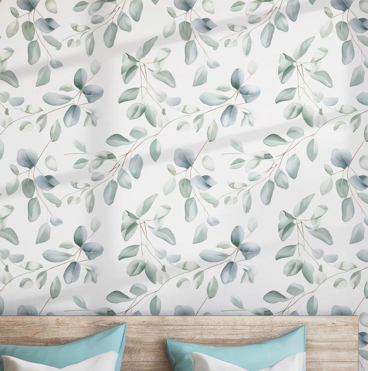 Green and White Eucalyptus Wallpaper - Self Adhesive - Soft Watercolor Leaves Nature Botanical BV313