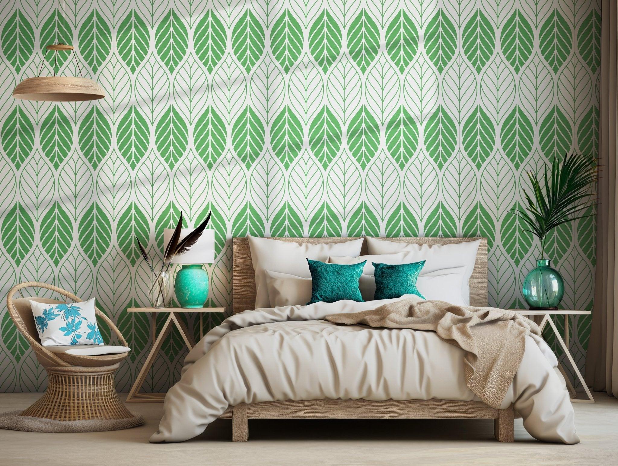 Green and White Wallpaper - Self Adhesive -  Minimalist Modern Leaf Pattern Nature BV232