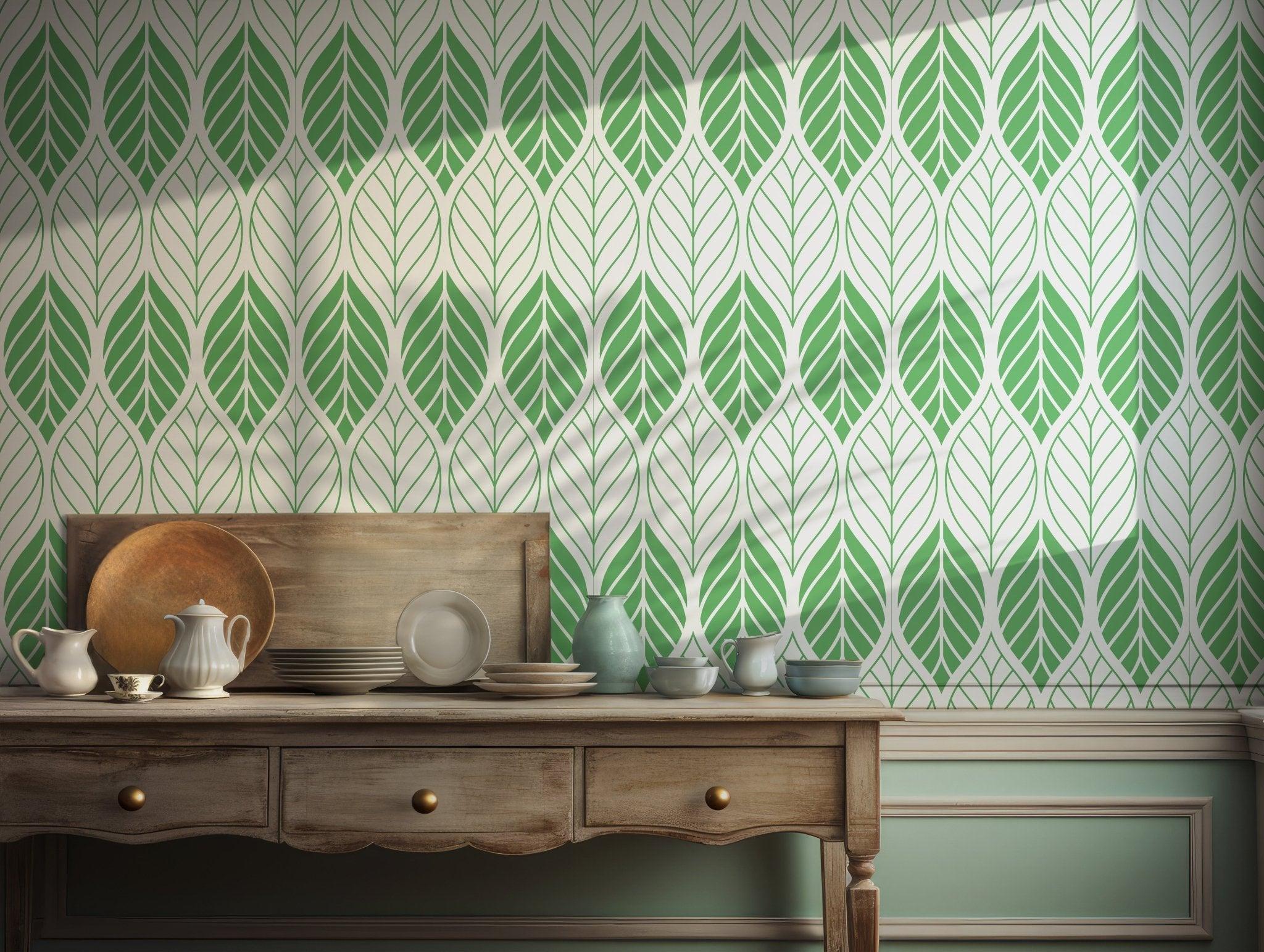 Green and White Wallpaper - Self Adhesive -  Minimalist Modern Leaf Pattern Nature BV232