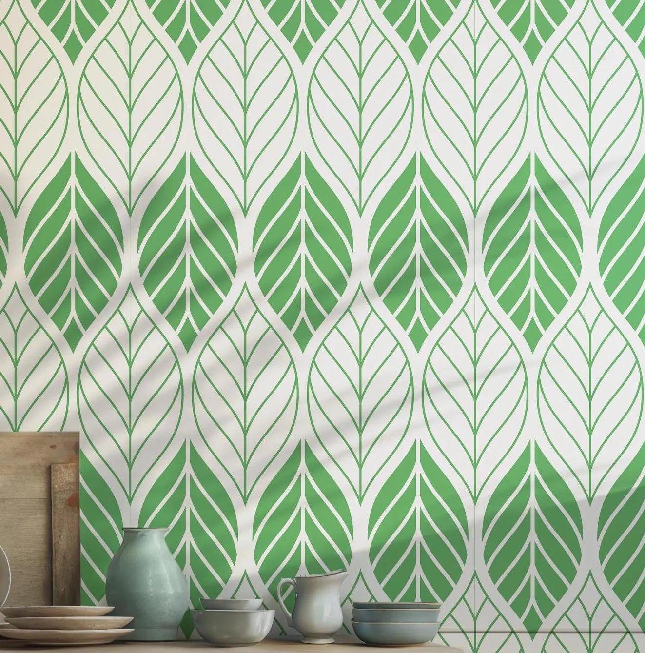 Green and White Wallpaper - Self Adhesive - Minimalist Modern Leaf Pattern Nature BV232
