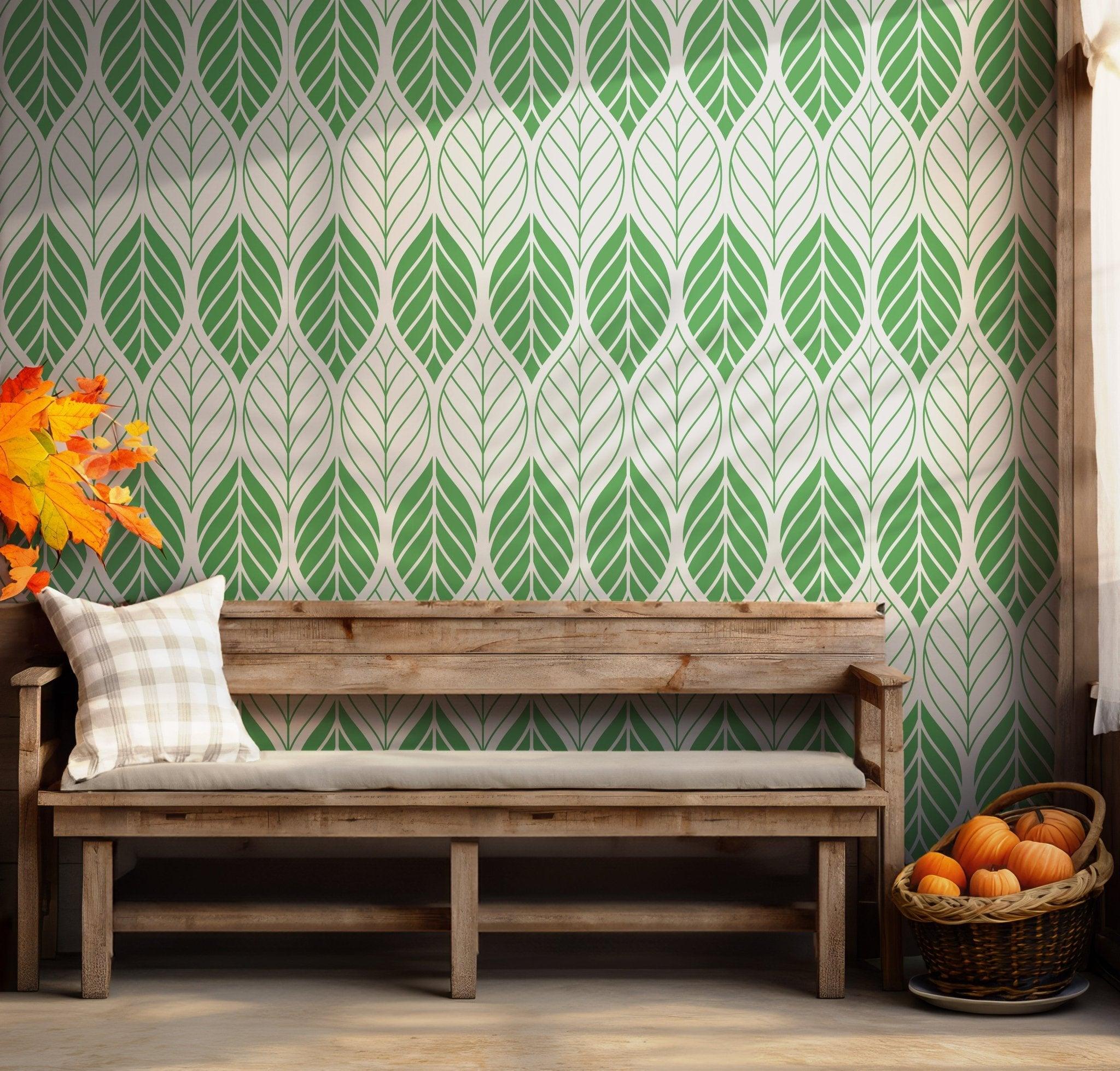 Green and White Wallpaper - Self Adhesive - Minimalist Modern Leaf Pattern Nature BV232