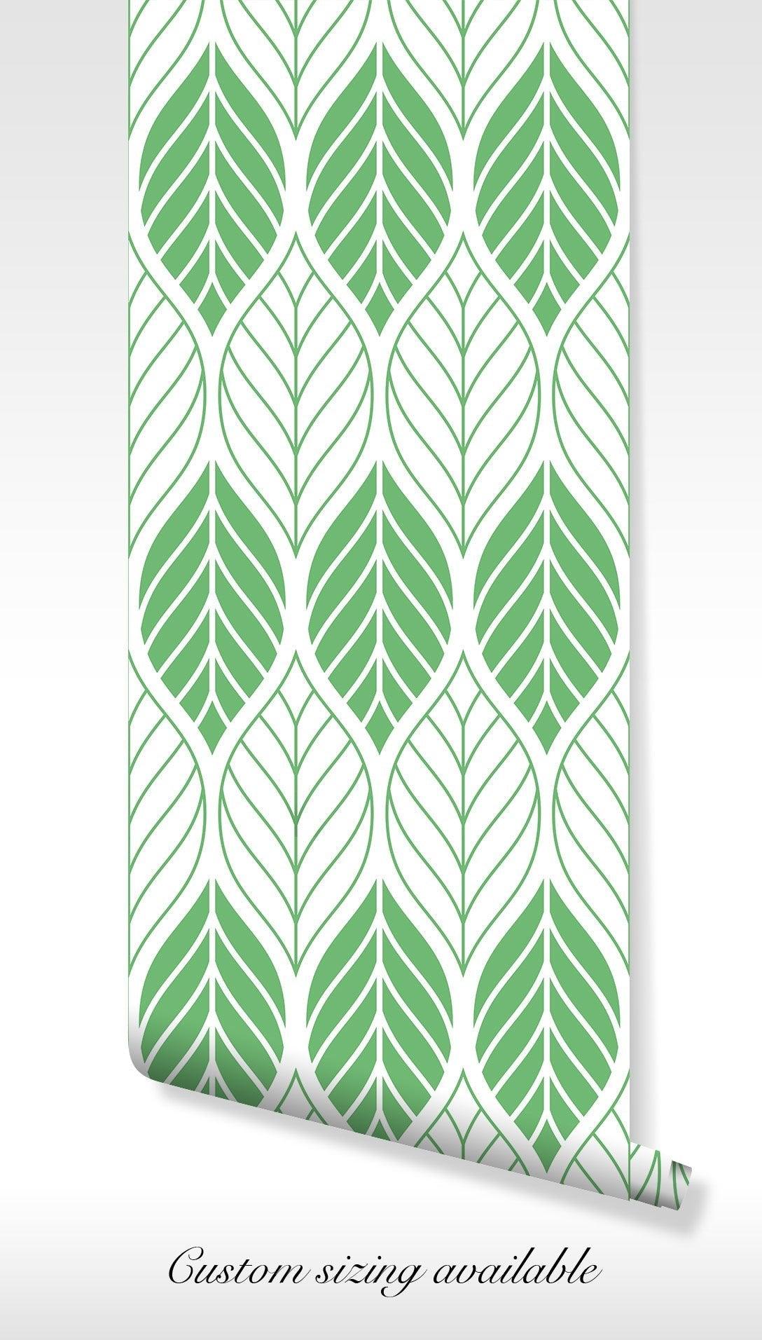 Green and White Wallpaper - Self Adhesive - Minimalist Modern Leaf Pattern Nature BV232