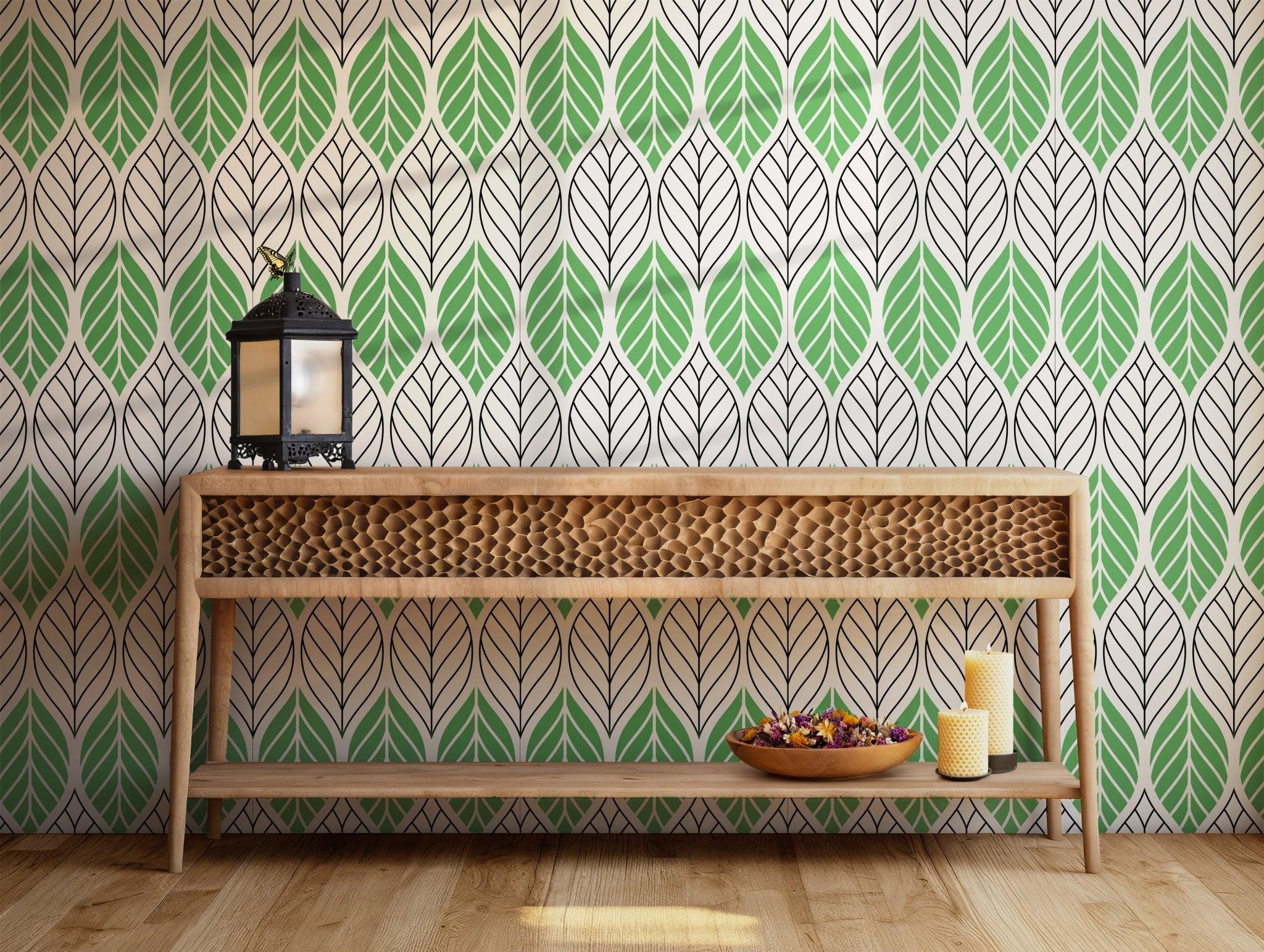Green Black Lines on White Wallpaper - Peel and Stick Modern - Leaf Pattern Nature BV233