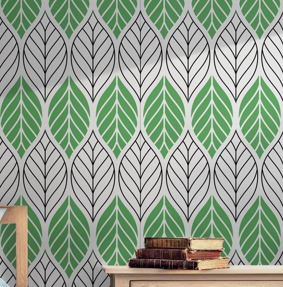 Green Black Lines on White Wallpaper - Peel and Stick Modern - Leaf Pattern Nature BV233