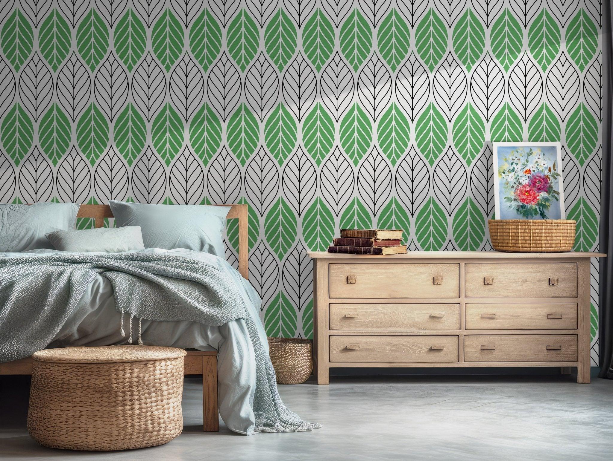 Green Black Lines on White Wallpaper - Peel and Stick Modern - Leaf Pattern Nature BV233