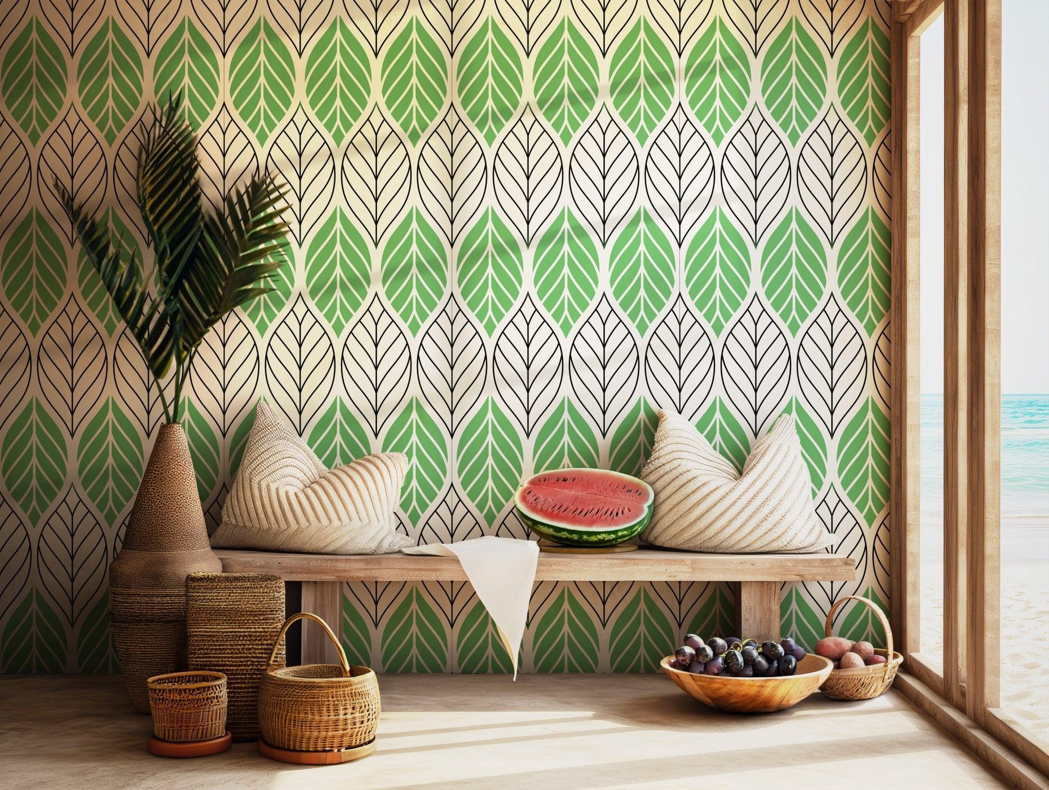 Green Black Lines on White Wallpaper - Peel and Stick Modern - Leaf Pattern Nature BV233