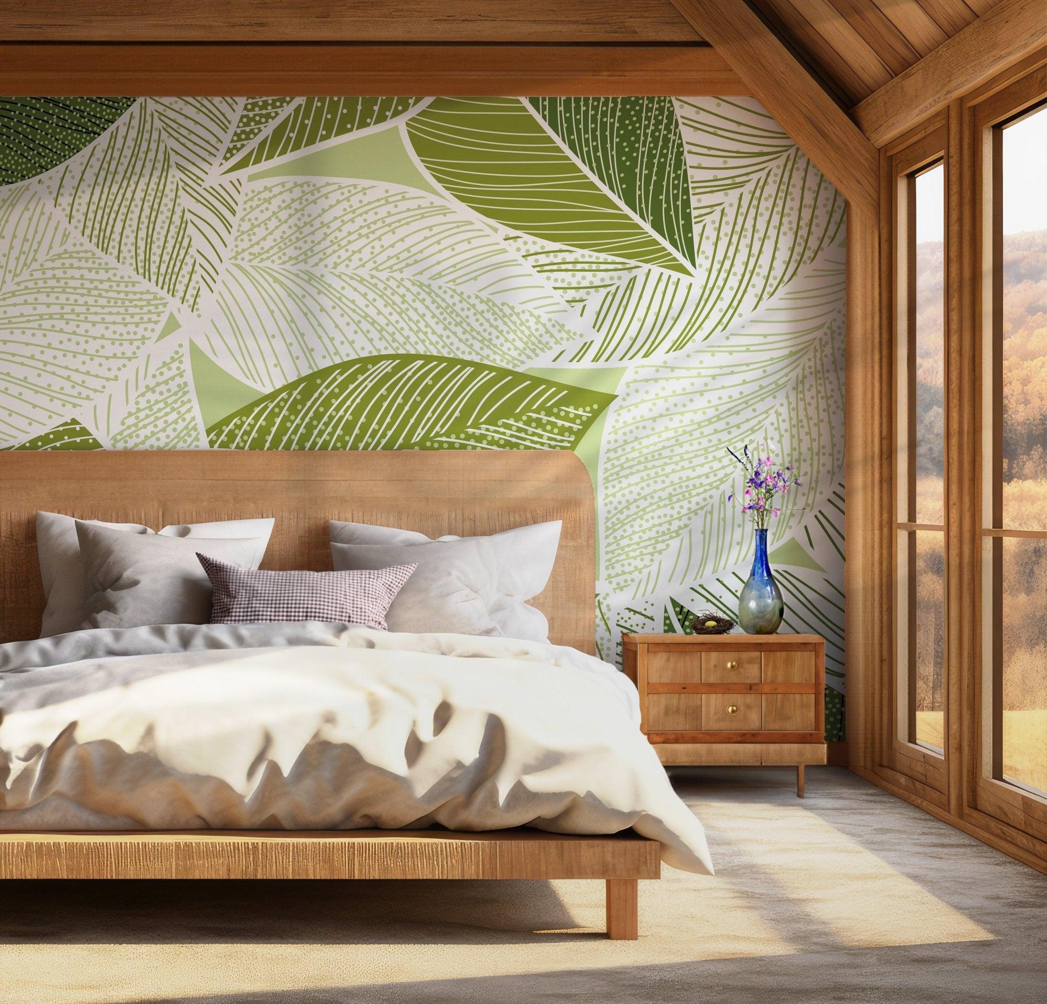 Green Botanical Wallpaper - Peel and Stick Wall Mural - Abstract Watercolor Tropical Leaves Branches BV192