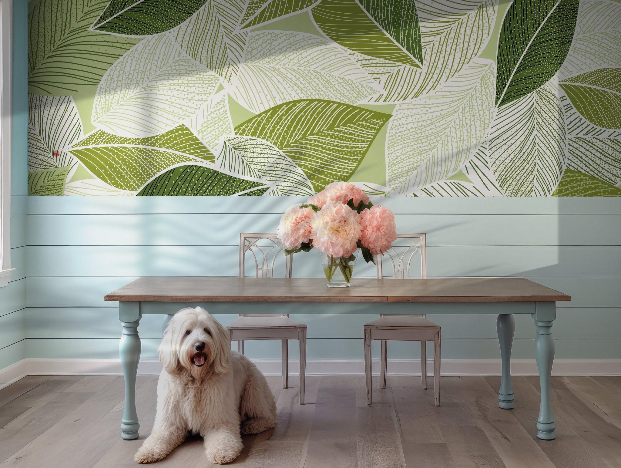 Green Botanical Foliage Wallpaper - Self Adhesive Peel and Stick Wall Mural - Abstract Watercolor Tropical Leaves Branches  BV192