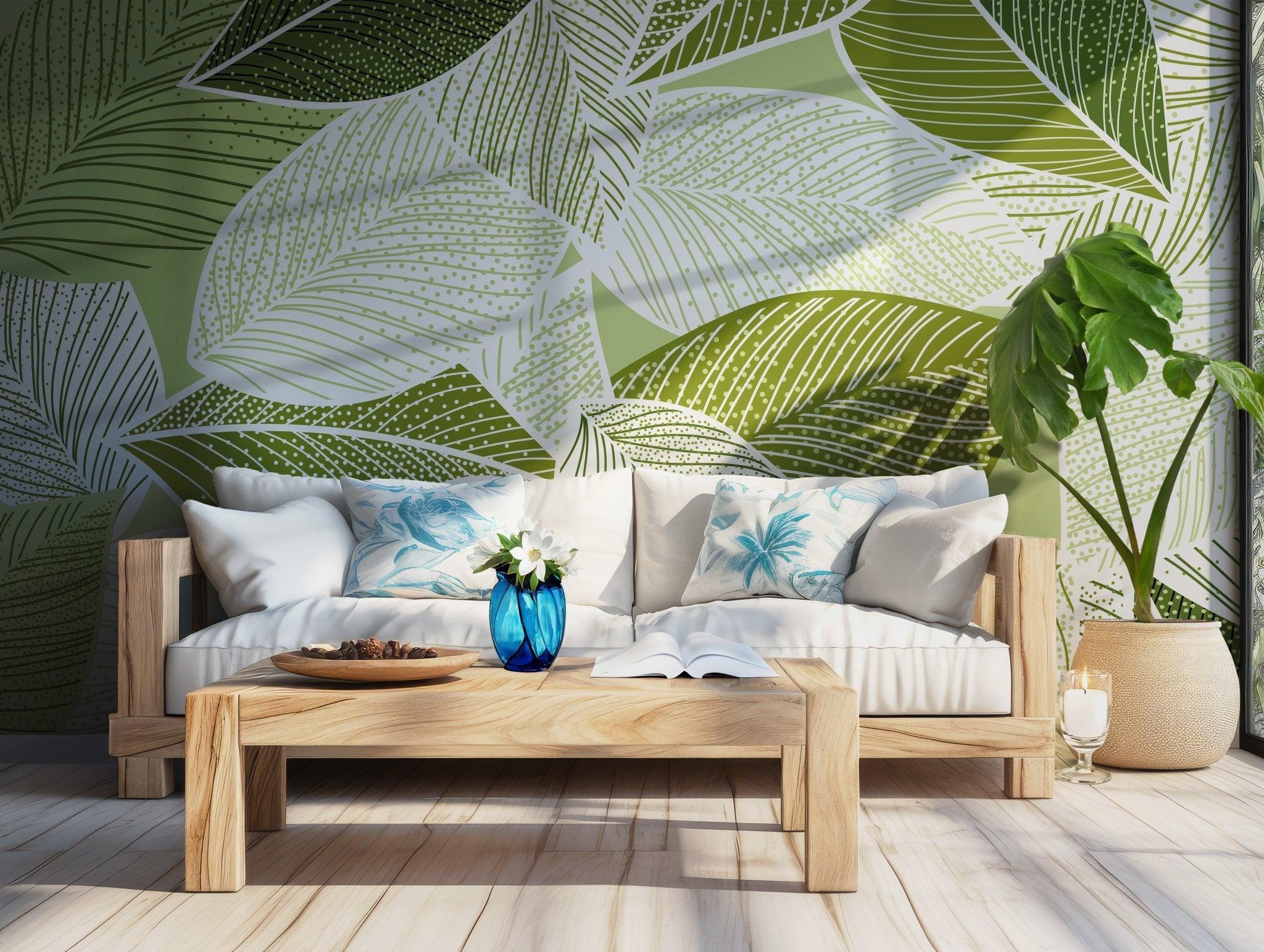 Green Botanical Wallpaper - Peel and Stick Wall Mural - Abstract Watercolor Tropical Leaves Branches BV192