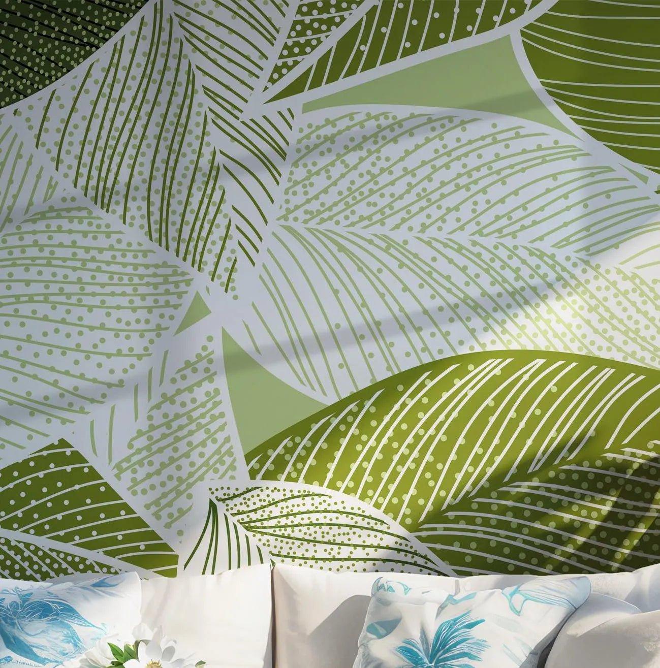 Green Botanical Wallpaper - Peel and Stick Wall Mural - Abstract Watercolor Tropical Leaves Branches BV192