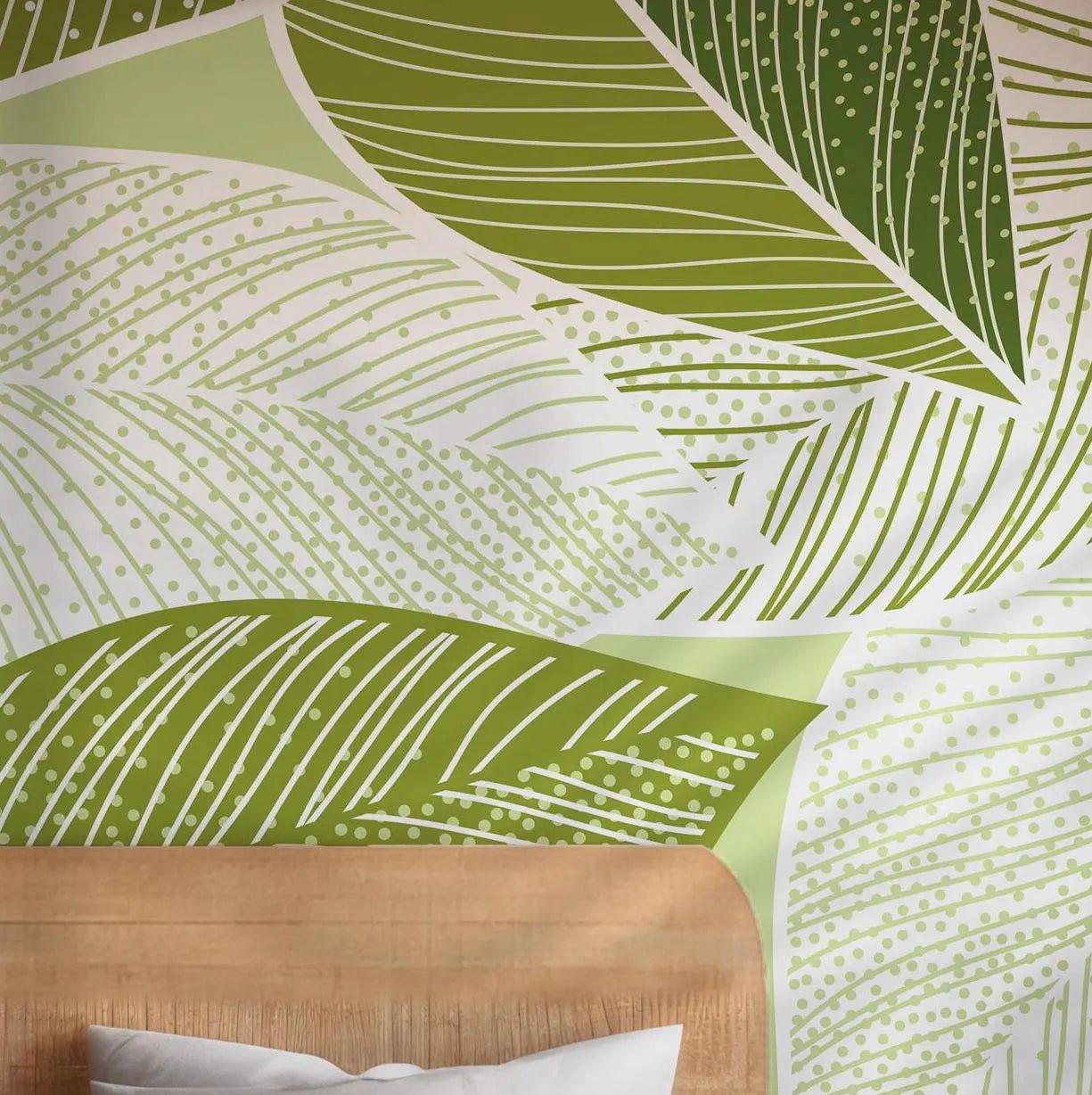 Green Botanical Wallpaper - Peel and Stick Wall Mural - Abstract Watercolor Tropical Leaves Branches BV192