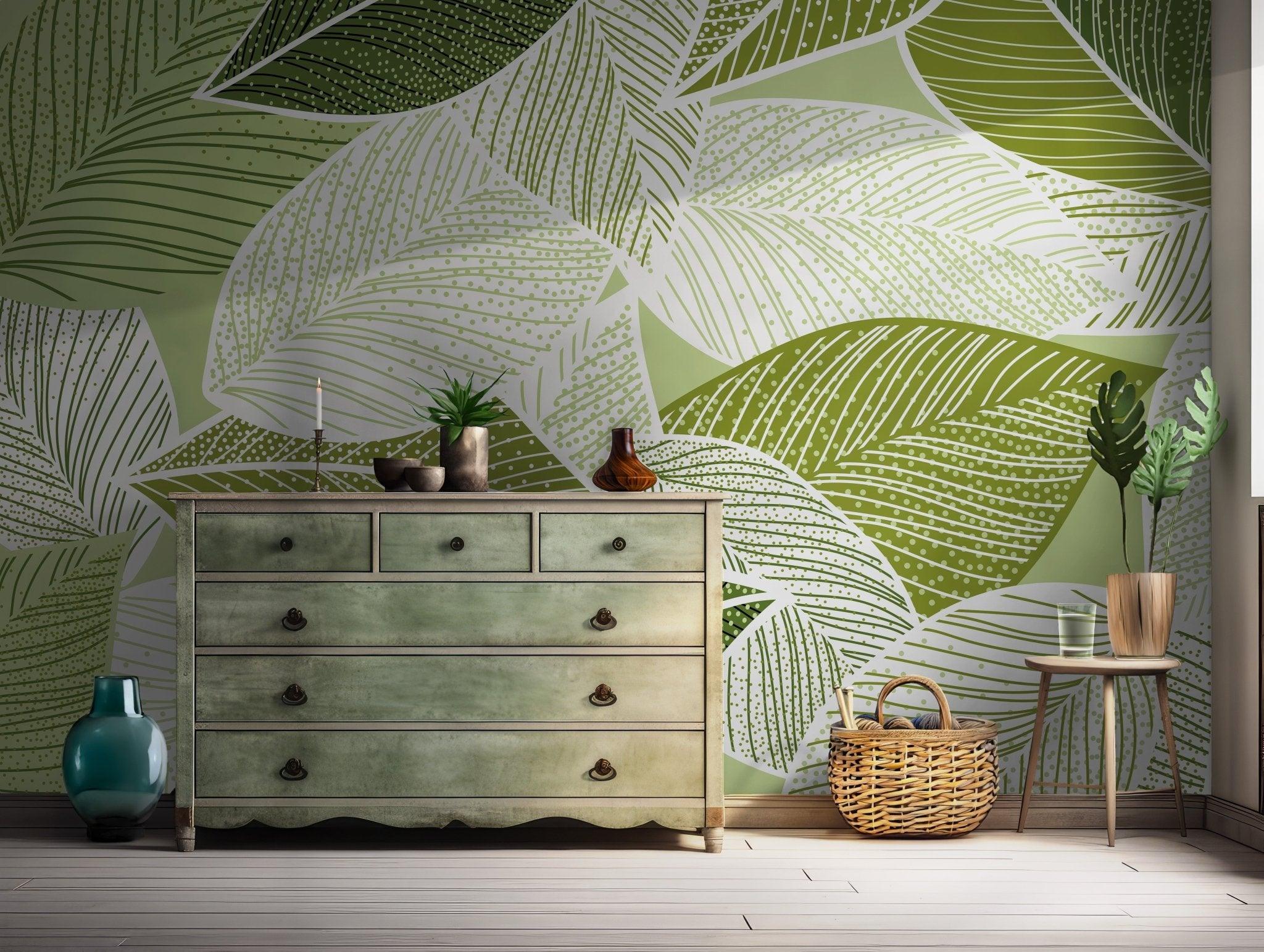 Green Botanical Foliage Wallpaper - Self Adhesive Peel and Stick Wall Mural - Abstract Watercolor Tropical Leaves Branches  BV192